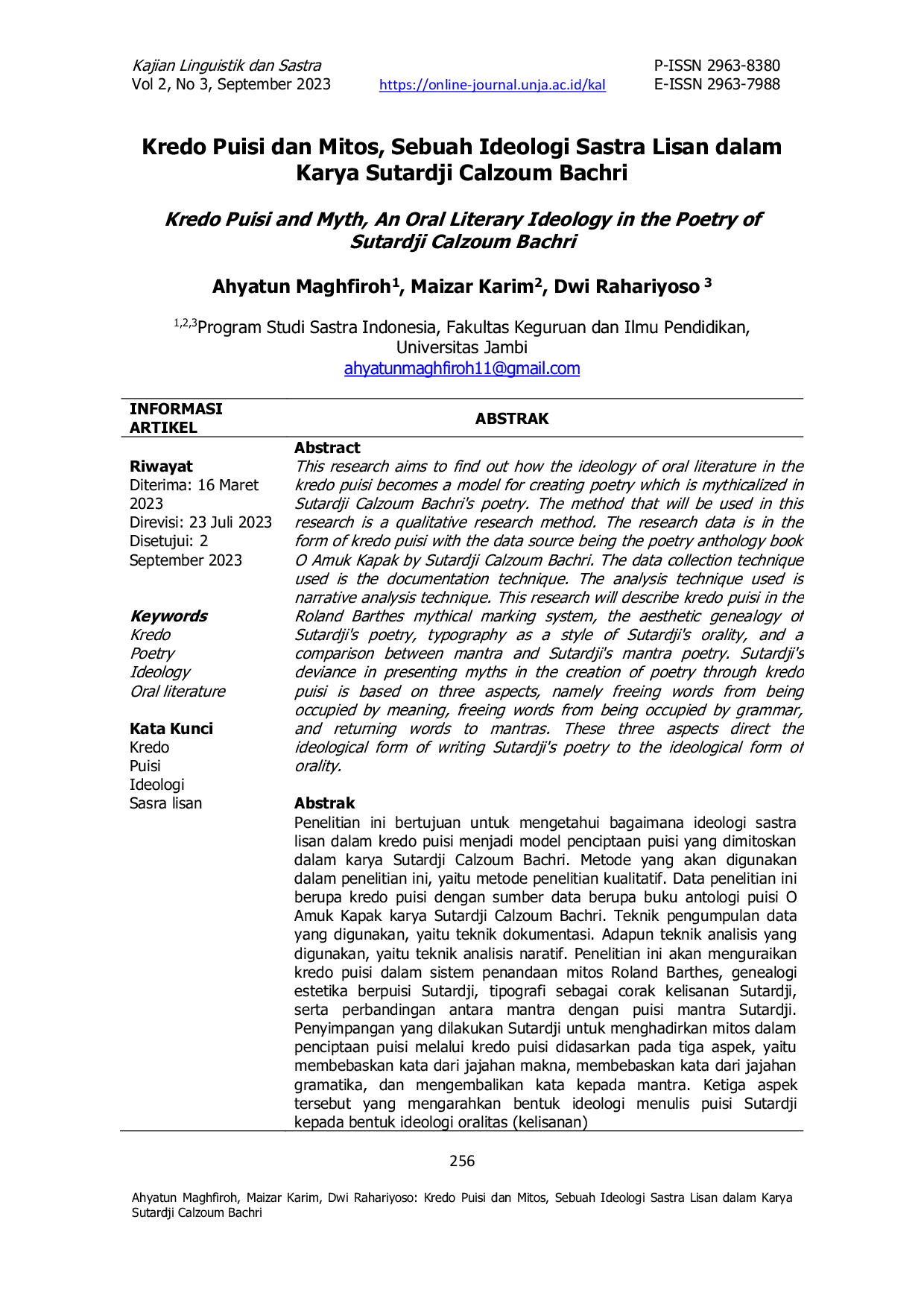JURIS Kredo Puisi dan Mitos Sebuah Ideologi Sastra Lisan dalam Karya Sutardji Calzoum Bachri