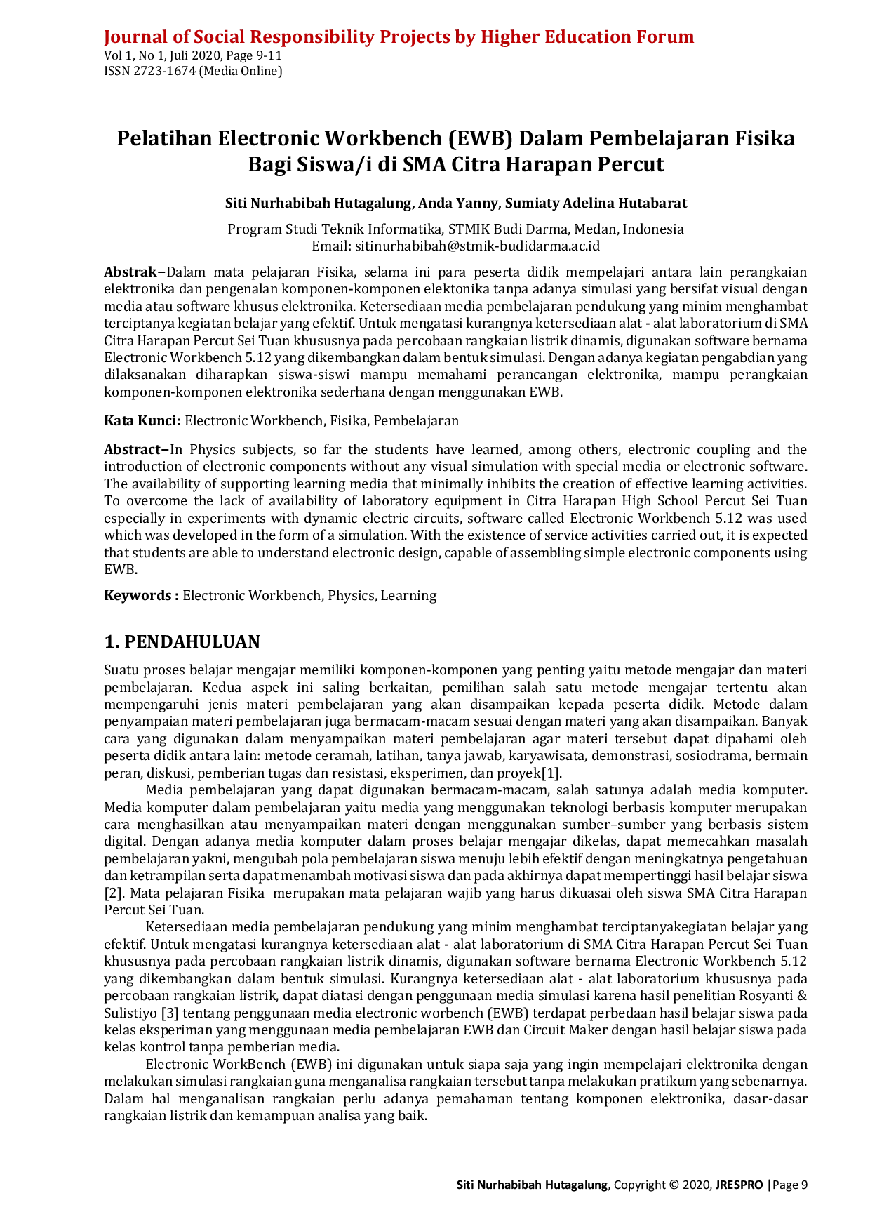 JURIS Pelatihan Electronic Workbench EWB Dalam Pembelajaran Fisika Bagi Siswa i di SMA Citra Harapan Percut