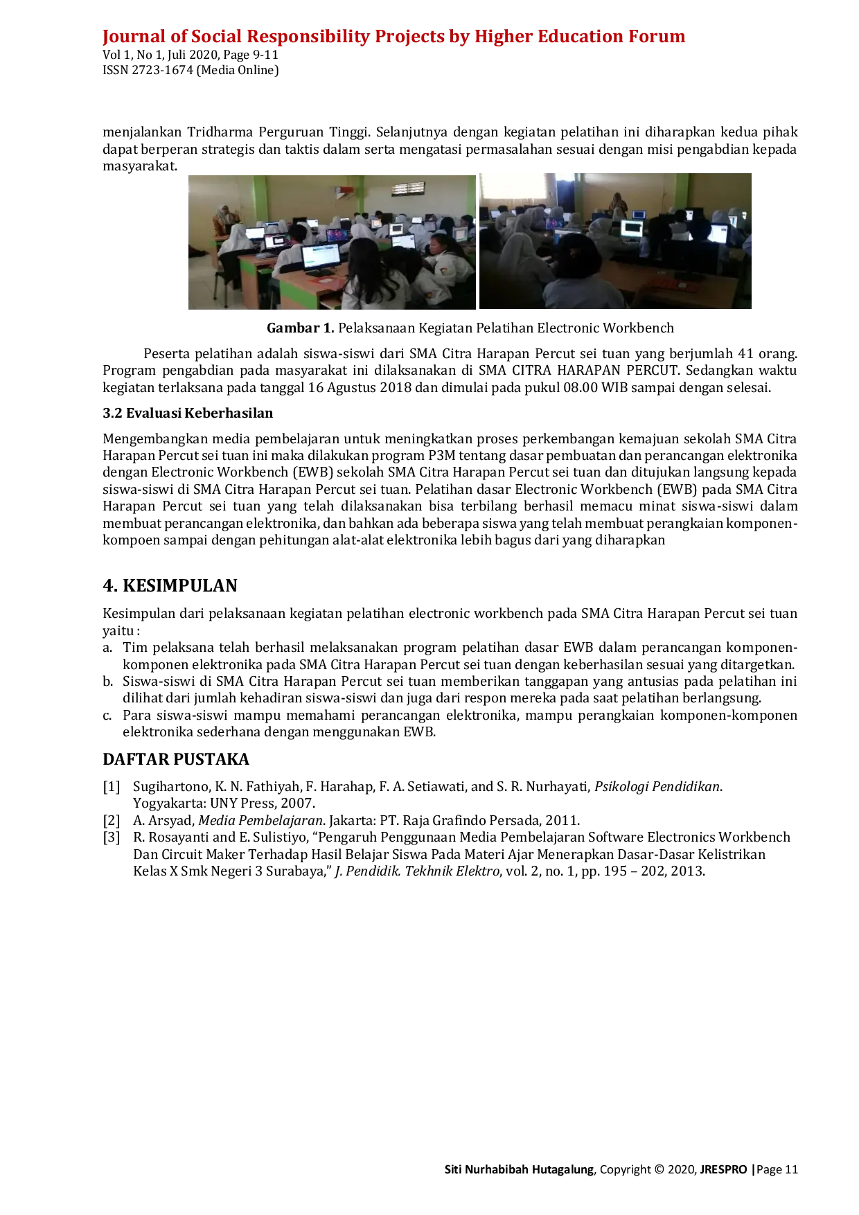 JURIS Pelatihan Electronic Workbench EWB Dalam Pembelajaran Fisika Bagi Siswa i di SMA Citra Harapan Percut