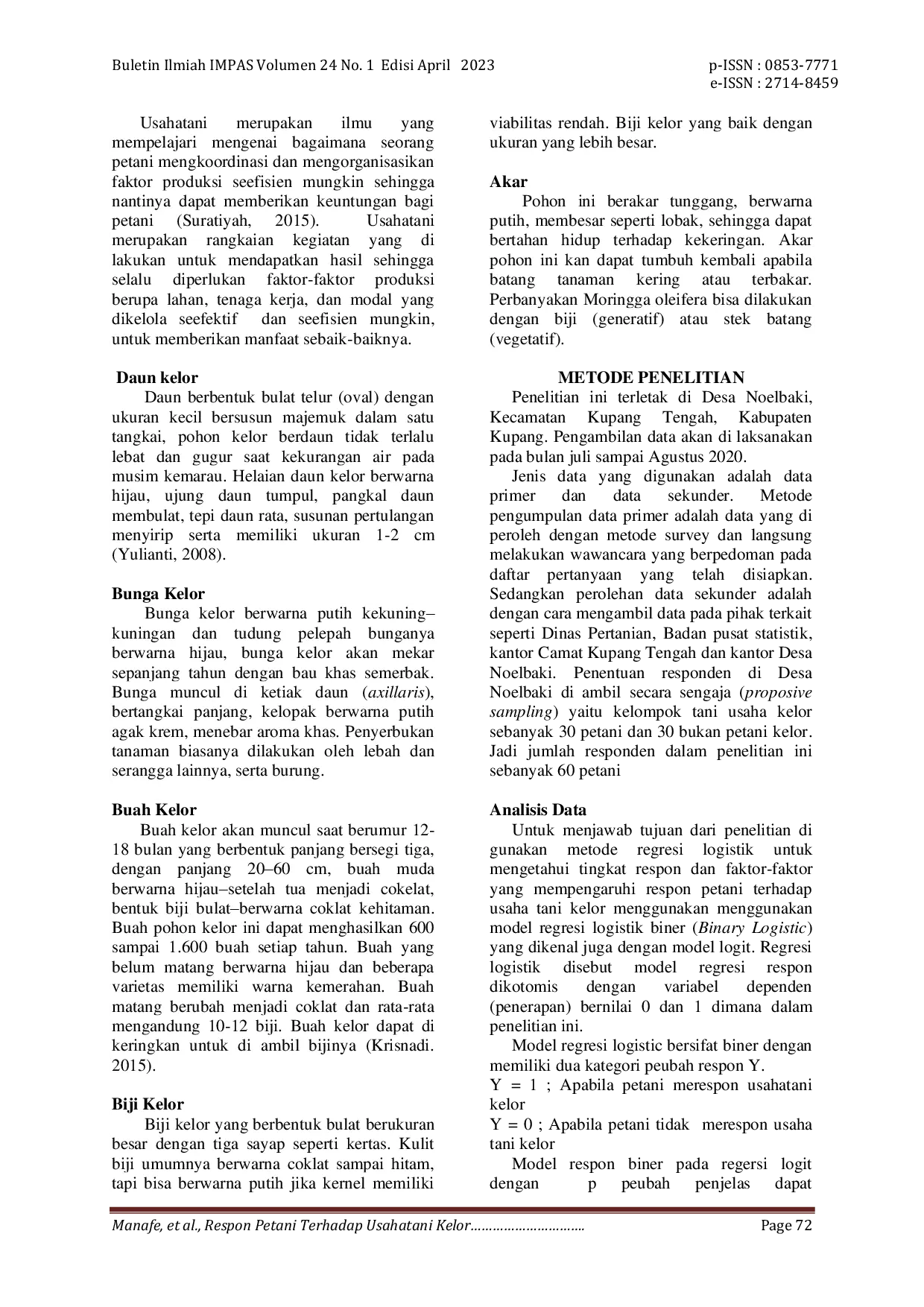 JURIS Respon Petani Terhadap Usahatani Kelor Di Desa Noelbaki Kecamatan Kupang Tengah Kabupaten Kupang