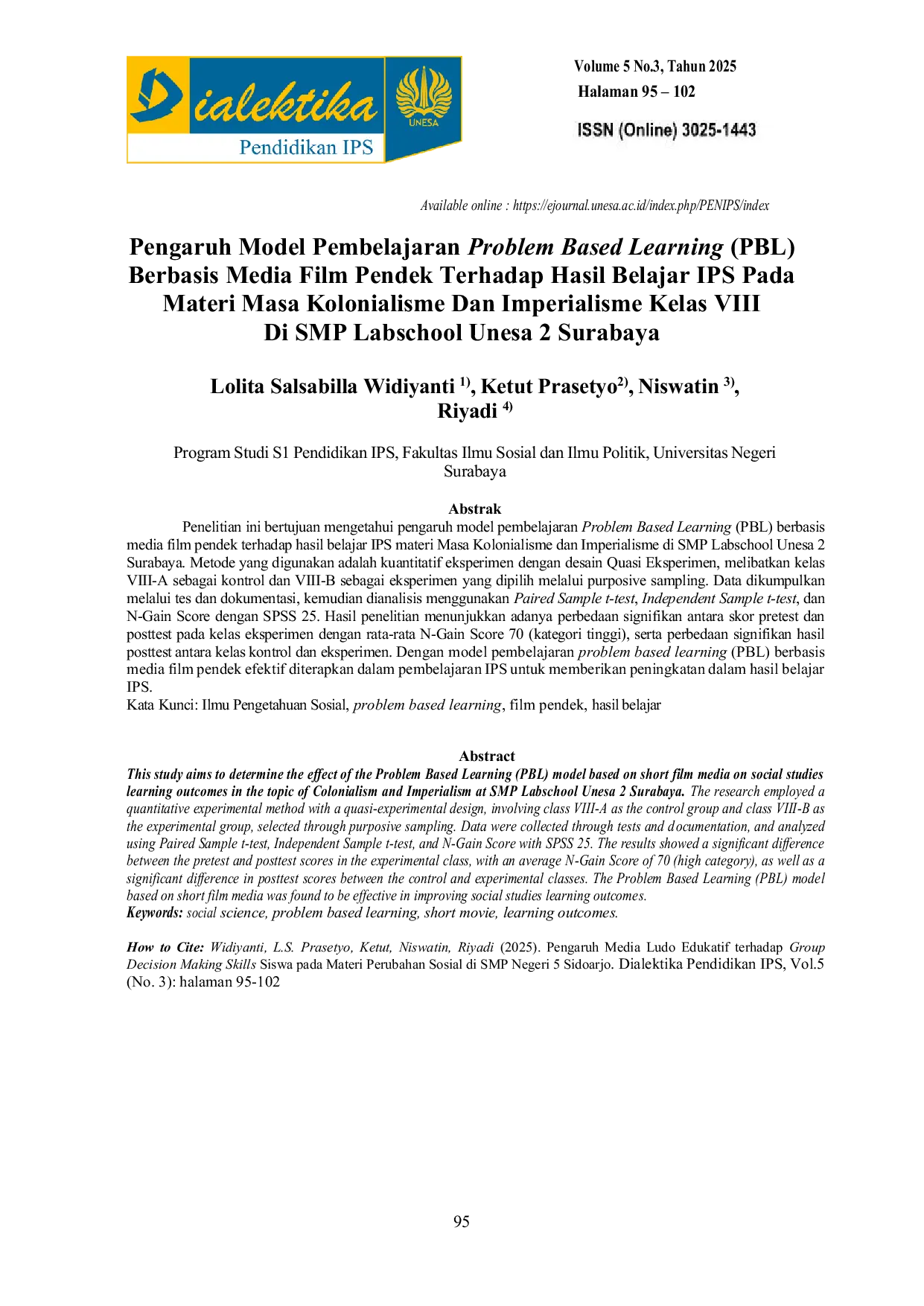 JURIS Pengaruh Model Pembelajaran Problem Based Learning PBL Berbasis Media Film Pendek Terhadap Hasil Belajar IPS Pada Materi Masa Kolonialisme Dan Imperialisme Kelas VIII Di SMP Labschool Unesa 2 Suraba