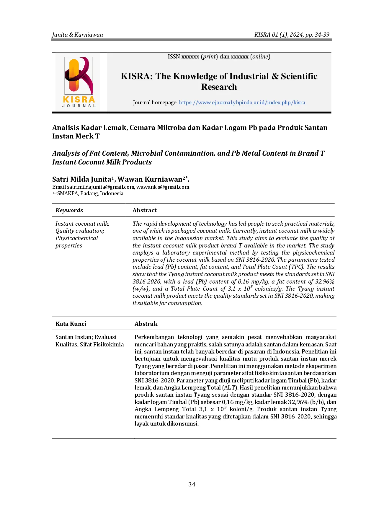 juris Analisis Kadar Lemak Cemara Mikroba dan Kadar Logam Pb pada Produk Santan Instan Merk T