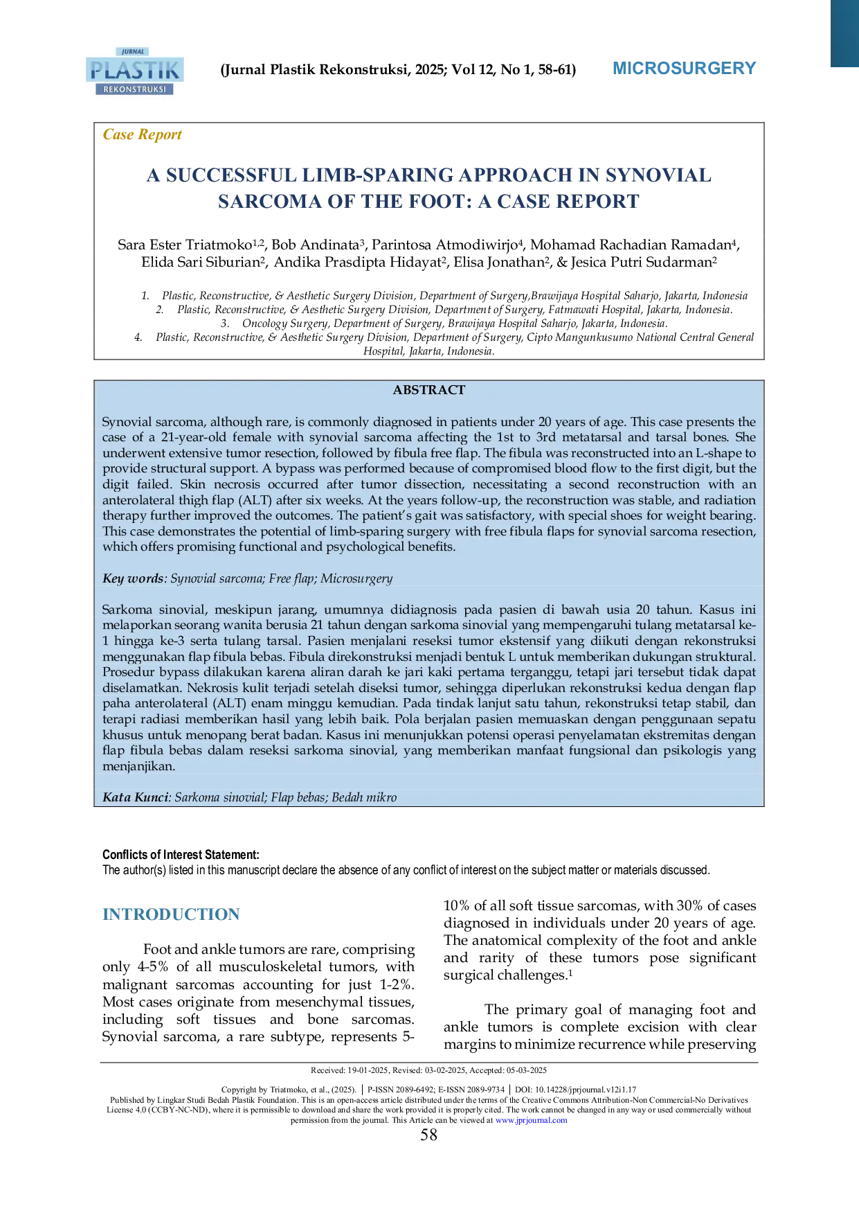 JURIS A Successful Limb Sparing Approach In Synovial Sarcoma Of The Foot A Case Report