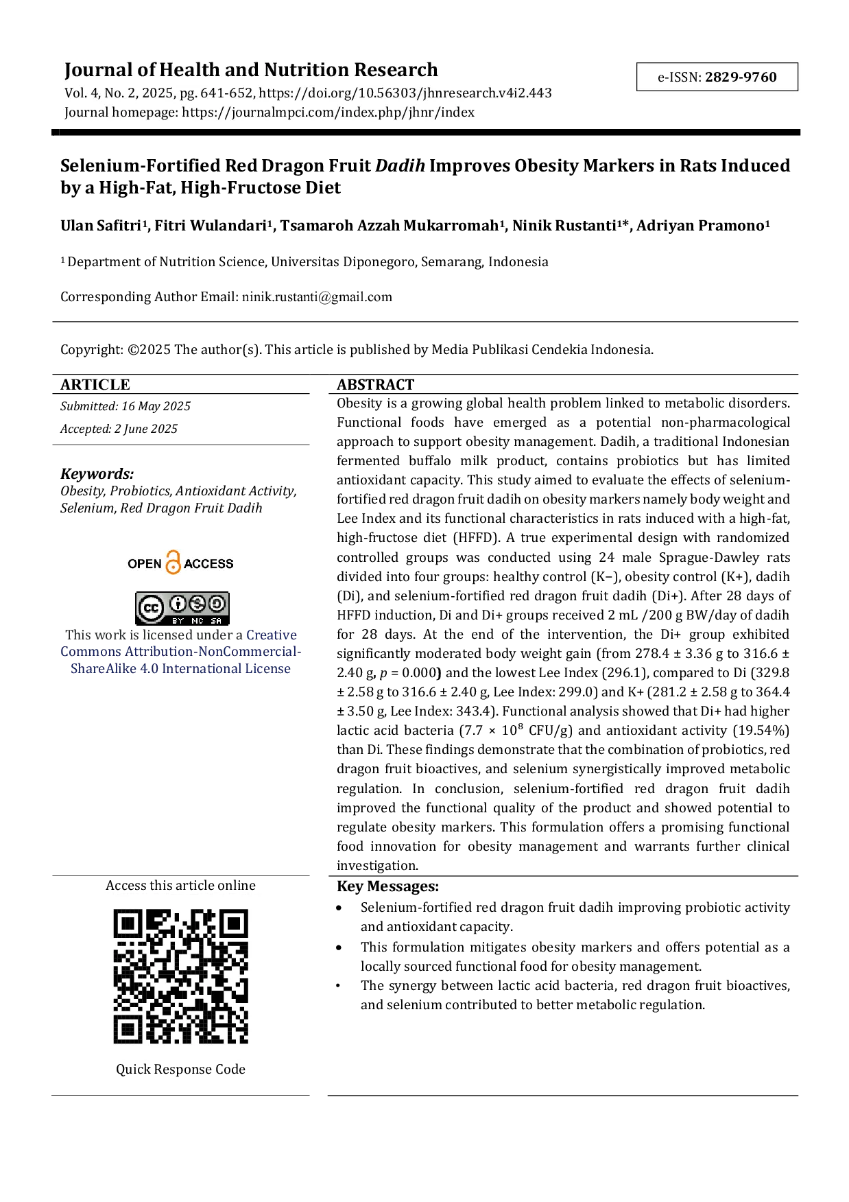 JURIS Selenium Fortified Red Dragon Fruit Dadih Improves Obesity Markers In Rats Induced By A High Fat High Fructose Diet