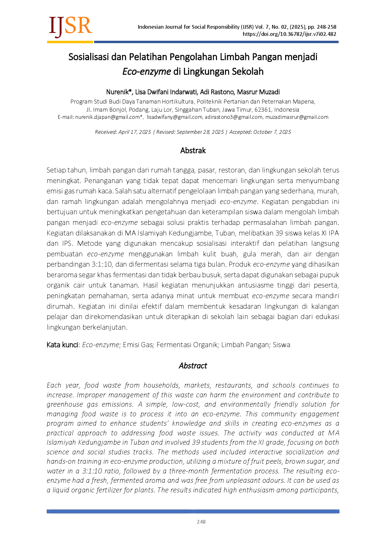 juris Sosialisasi dan Pelatihan Pengolahan Limbah Pangan menjadi Eco enzyme di Lingkungan Sekolah