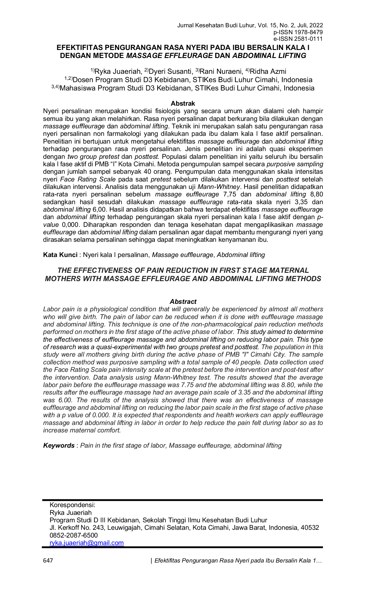 JURIS Efektifitas Pengurangan Rasa Nyeri Pada Ibu Bersalin Kala I Dengan Metode Massage Effleurage Dan Abdominal Lifting