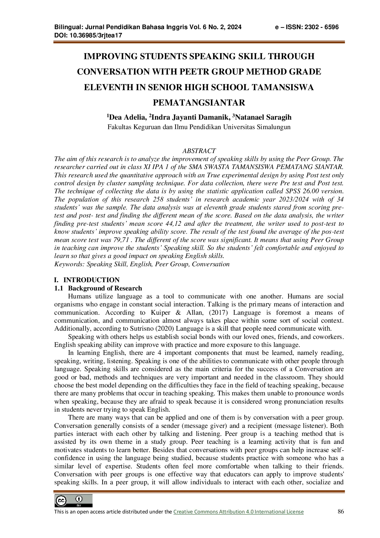 JURIS Improving Students Speaking Skill Through Conversation With Peetr Group Method Grade Eleventh In Senior High School Tamansiswa Pematangsiantar