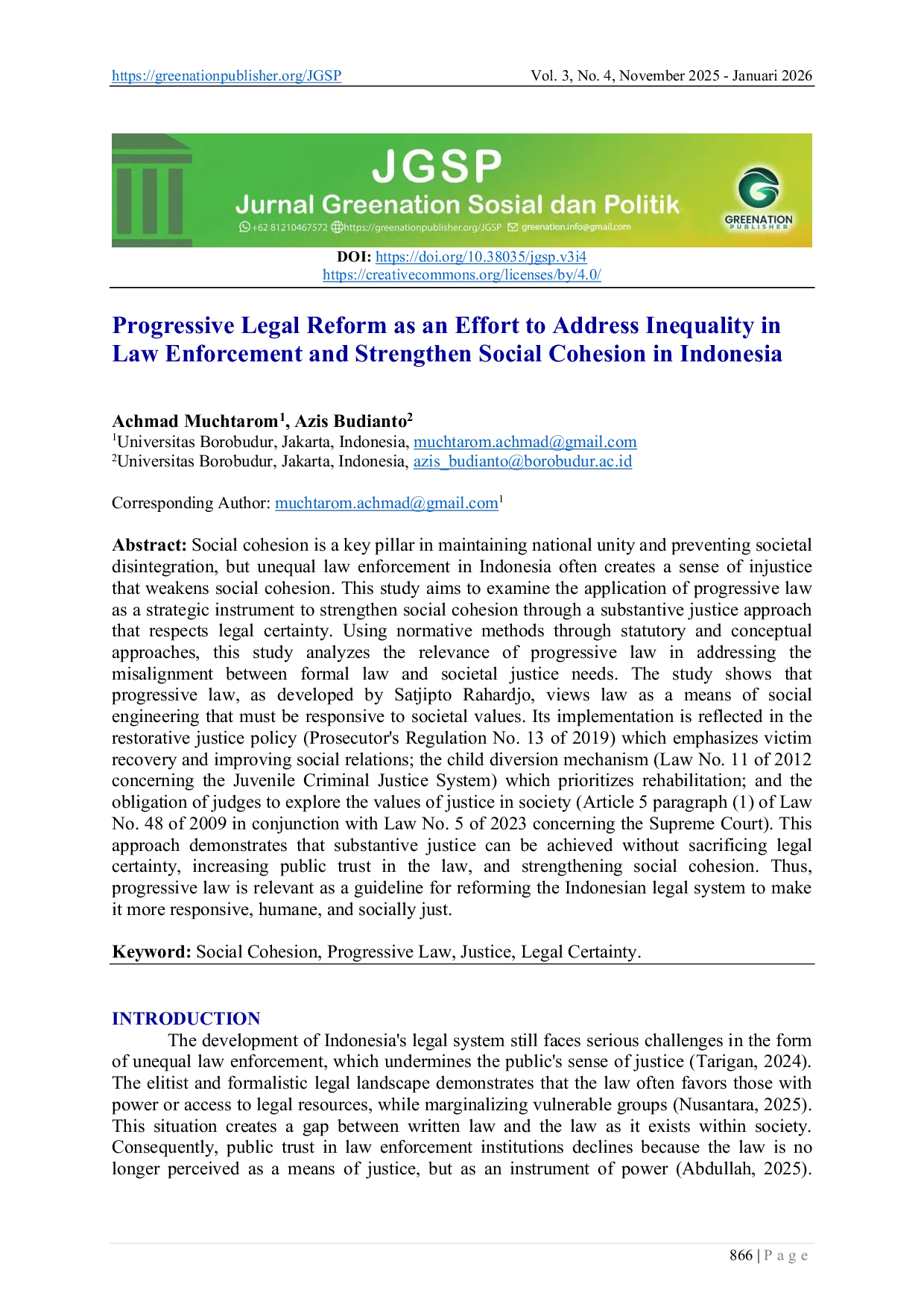JURIS Progressive Legal Reform as an Effort to Address Inequality in Law Enforcement and Strengthen Social Cohesion in Indonesia