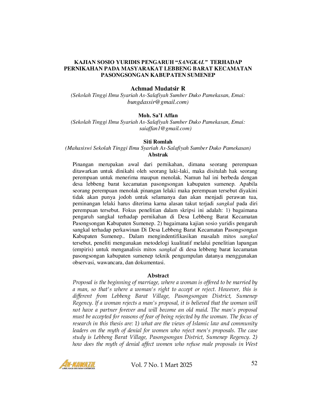 JURIS Kajian Sosio Yuridis Pengaruh Sangkal Terhadap Pernikahan Pada Masyarakat Lebbeng Barat Kecamatan Pasongsongan Kabupaten Sumenep