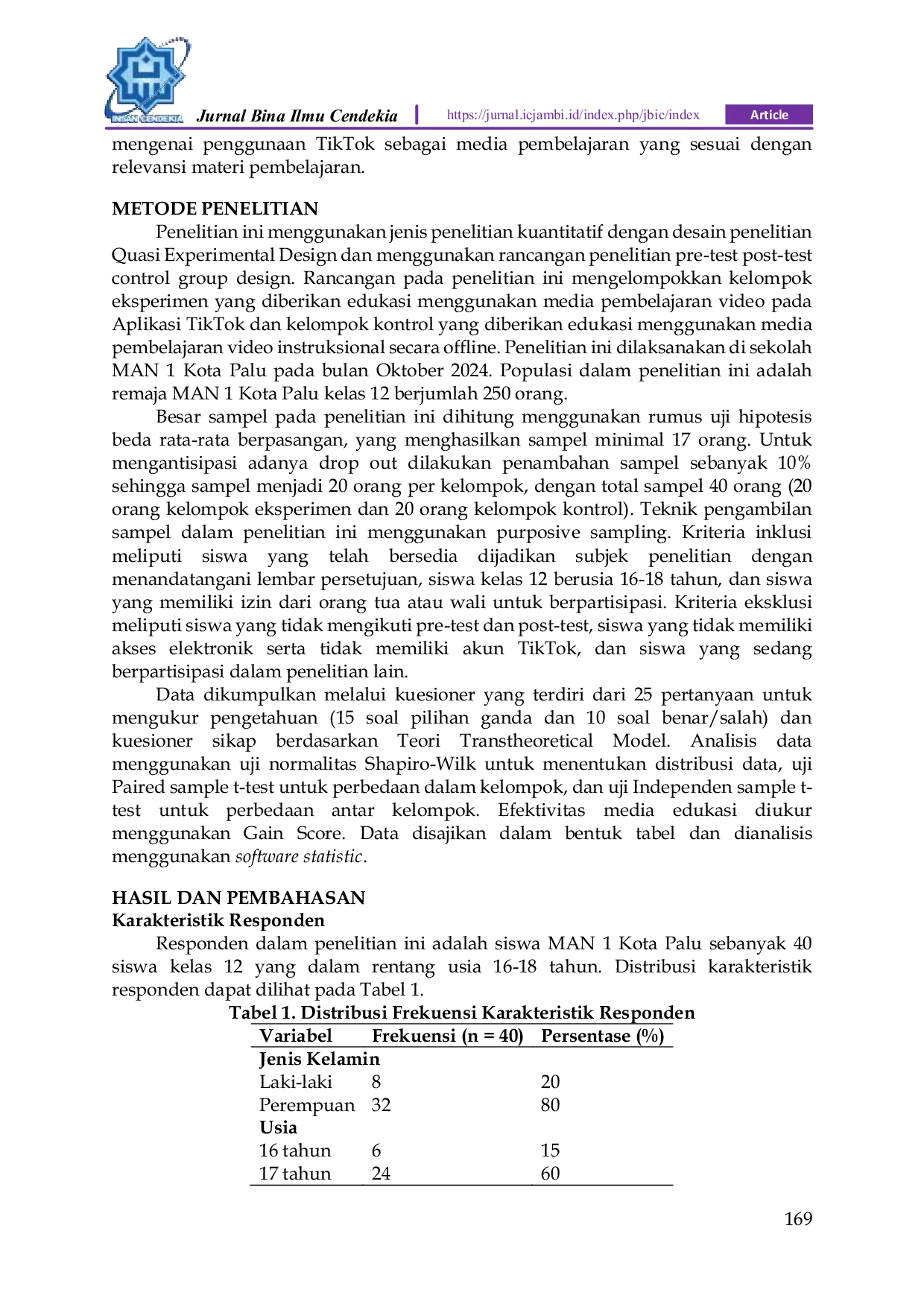 JURIS Analisis Efektivitas Edukasi Gizi Dengan Video Tiktok Terhadap Pengetahuan Dan Sikap Konsumsi Gula Pada Siswa Man 1 Kota Palu