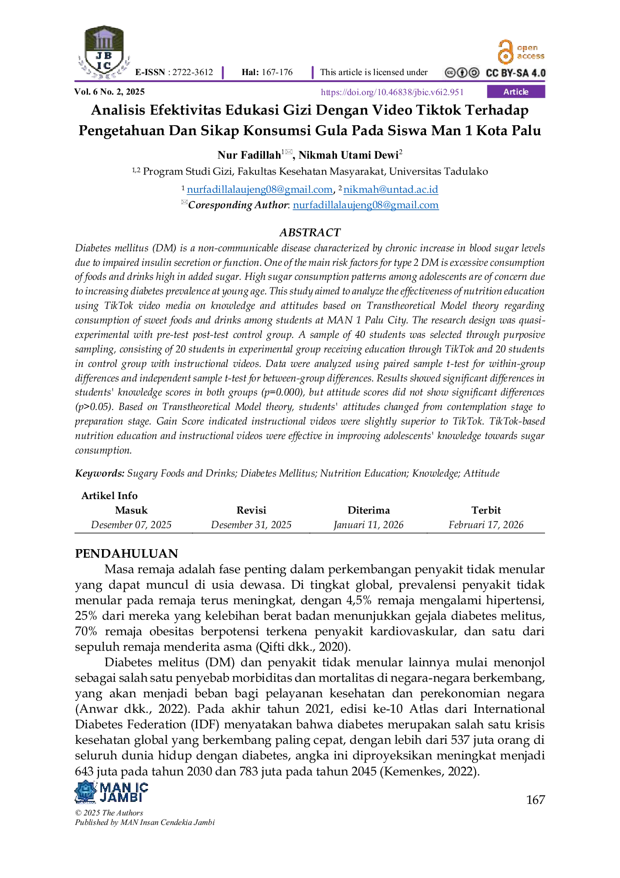 JURIS Analisis Efektivitas Edukasi Gizi Dengan Video Tiktok Terhadap Pengetahuan Dan Sikap Konsumsi Gula Pada Siswa Man 1 Kota Palu