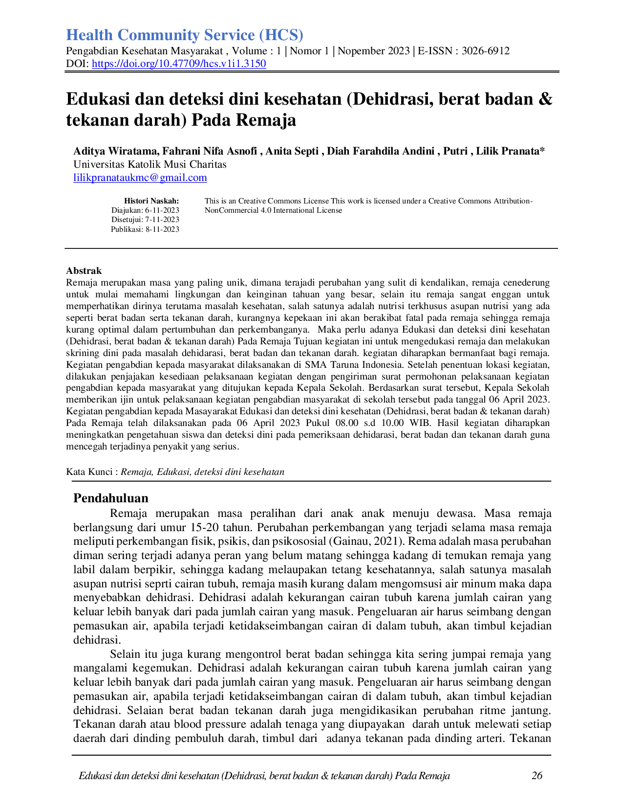 juris Edukasi dan deteksi dini kesehatan Dehidrasi berat badan tekanan darah Pada Remaja