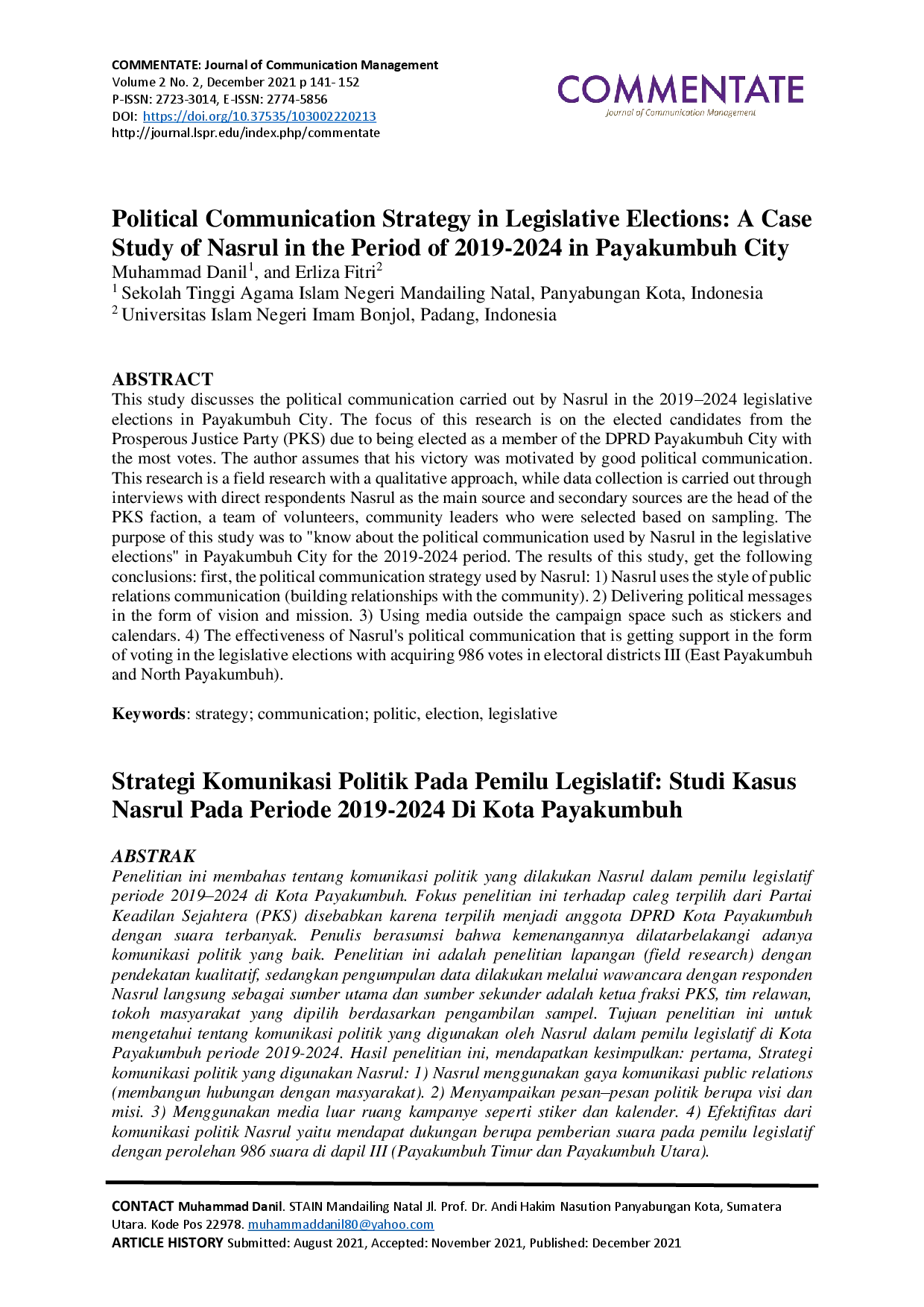 juris Political Communication Strategy in Legislative Elections A Case Study of Nasrul in the Period of 2019 2024 in Payakumbuh City