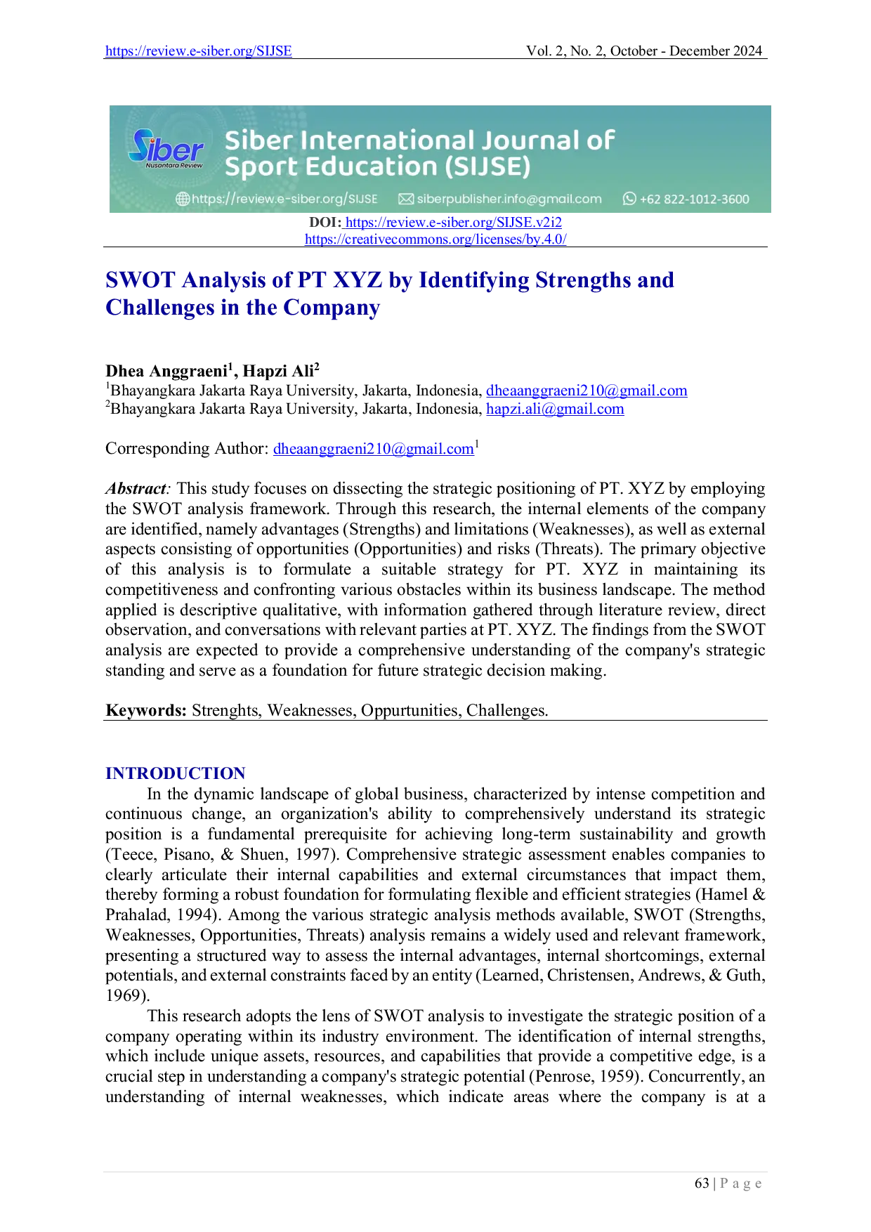 JURIS SWOT Analysis of PT XYZ by Identifying Strengths and Challenges in the Company