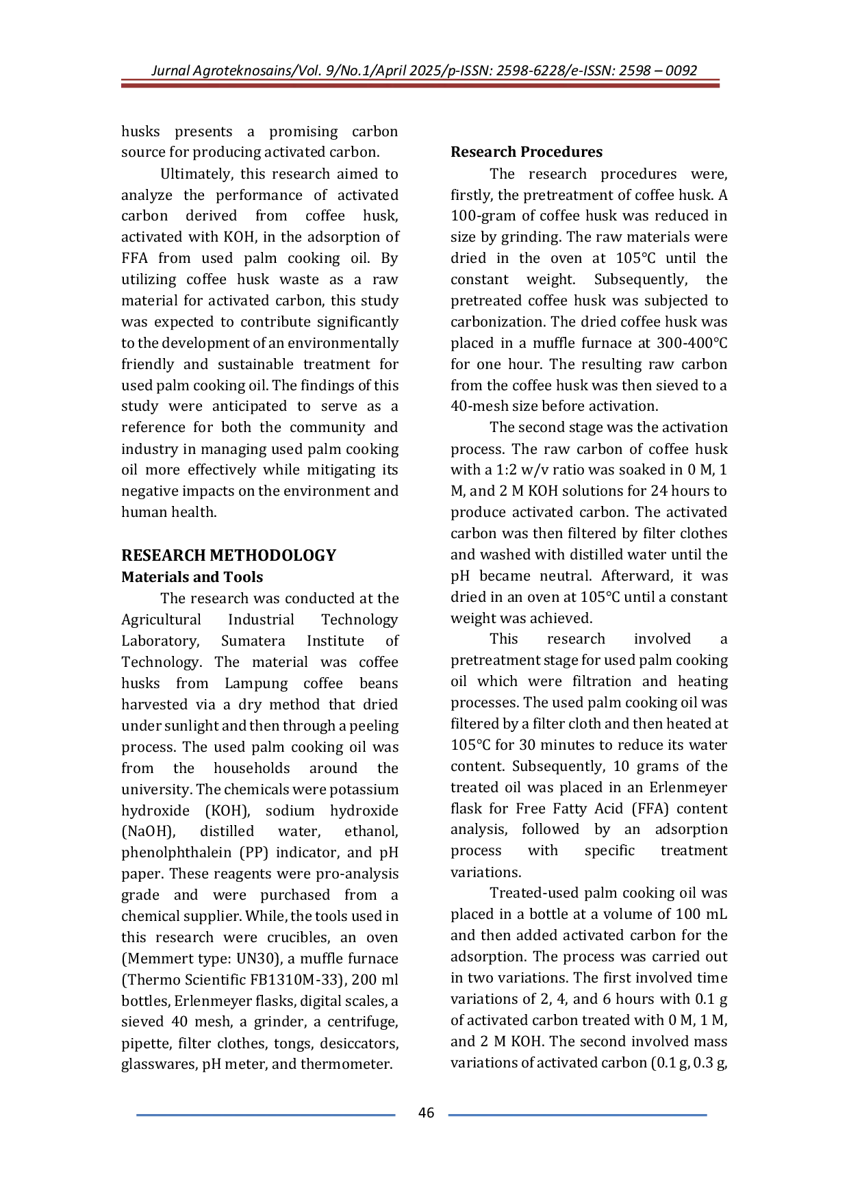 JURIS Performa Adsorpsi Karbon Aktif dari Kulit Kopi untuk Menurunkan Asam Lemak Bebas FFA pada Minyak Jelantah