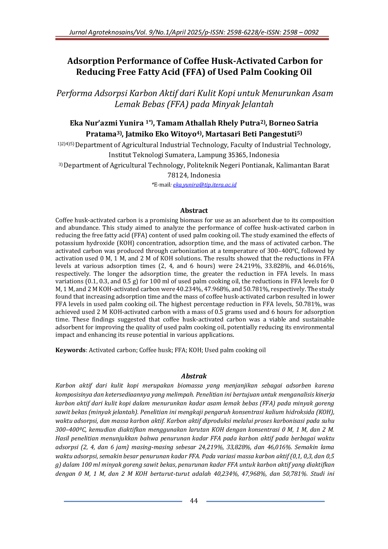 JURIS Performa Adsorpsi Karbon Aktif dari Kulit Kopi untuk Menurunkan Asam Lemak Bebas FFA pada Minyak Jelantah