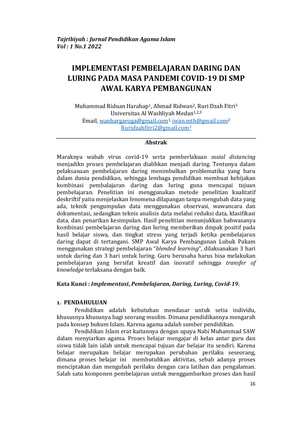 JURIS Implementasi Pembelajaran Daring Dan Luring Pada Masa Pandemi Covid 19 Di Smp Awal Karya Pembangunan