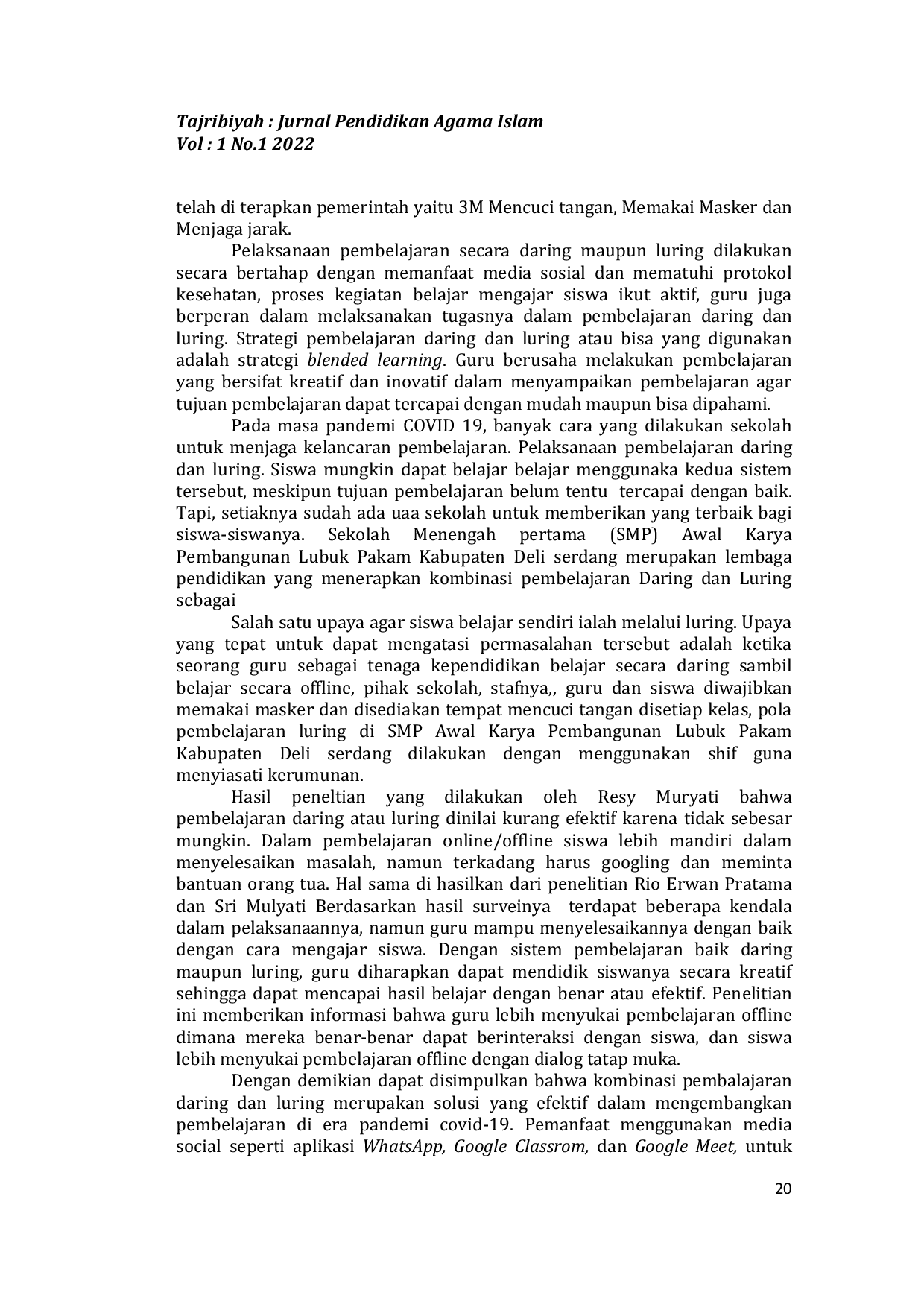 JURIS Implementasi Pembelajaran Daring Dan Luring Pada Masa Pandemi Covid 19 Di Smp Awal Karya Pembangunan