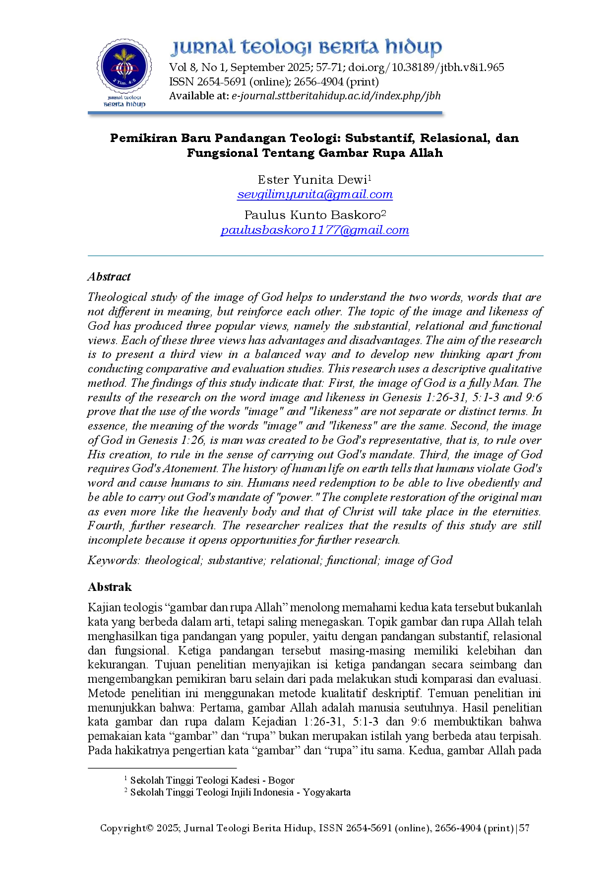 JURIS Pemikiran Baru Pandangan Teologi Substantif Relasional Dan Fungsional Tentang Gambar Rupa Allah