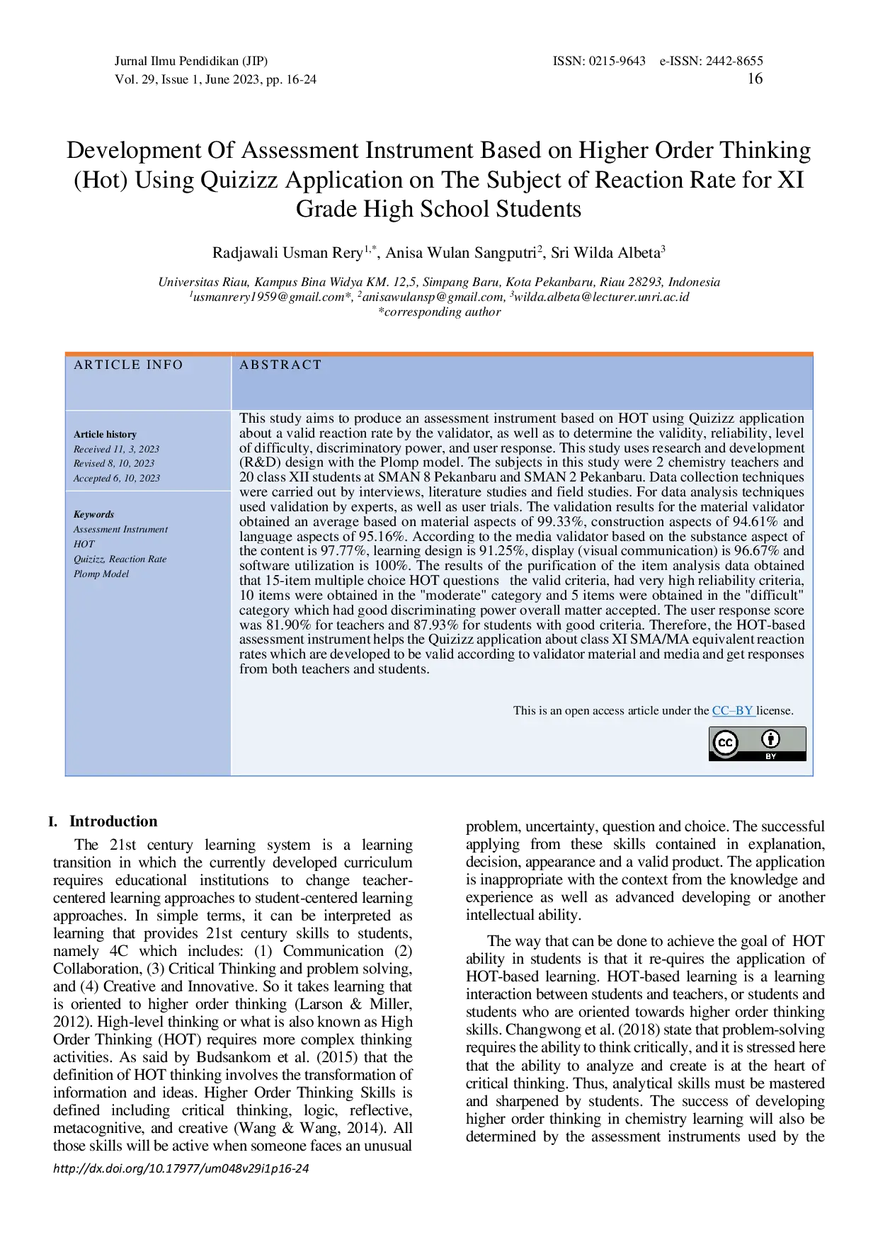 JURIS Development Of Assessment Instrument Based on Higher Order Thinking Hot Using Quizizz Application on The Subject of Reaction Rate for XI Grade High School Students