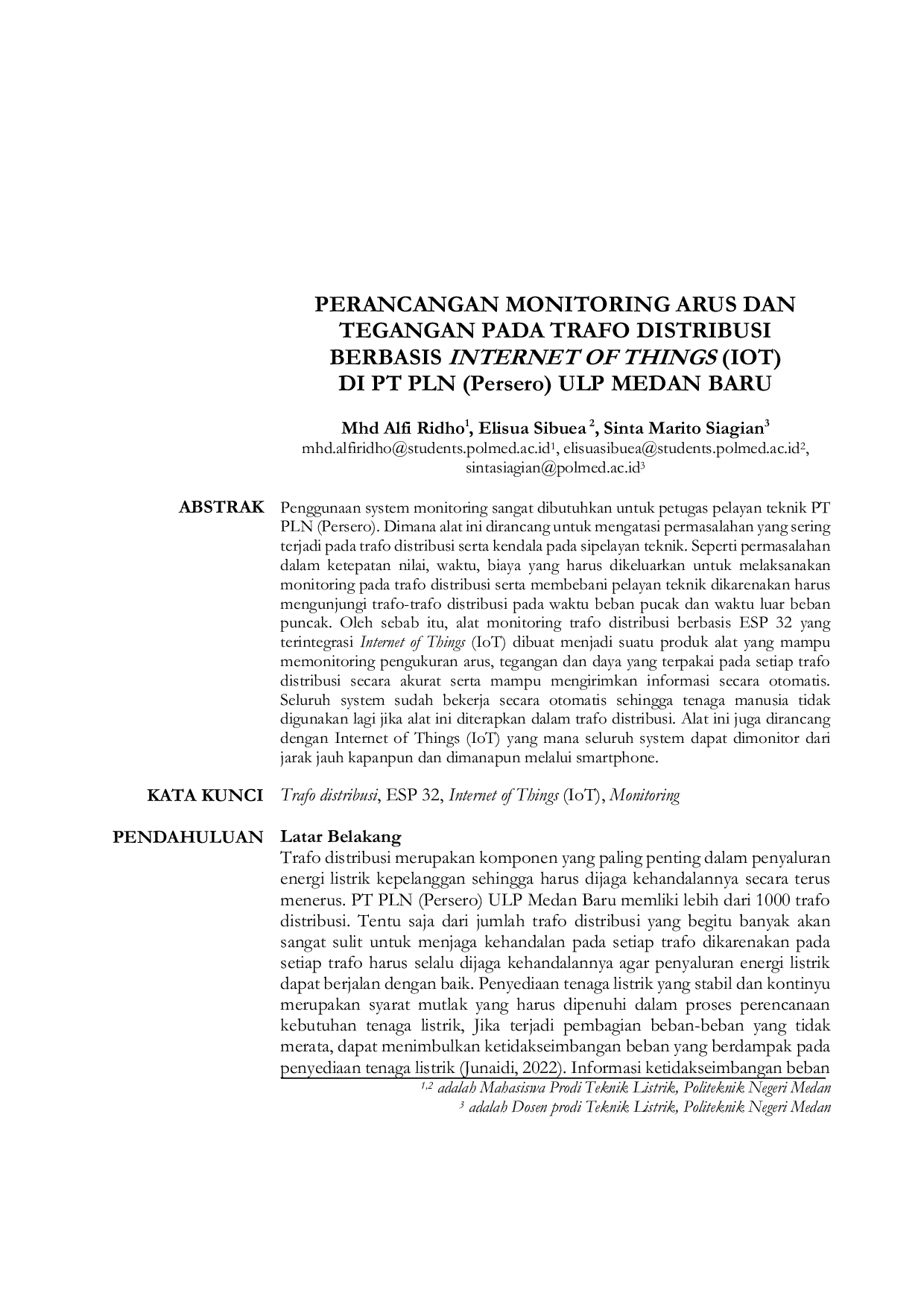 JURIS PERANCANGAN MONITORING ARUS DAN TEGANGAN PADA TRAFO DISTRIBUSI BERBASIS INTERNET OF THINGS IOT DI PT PLN Persero ULP MEDAN BARU