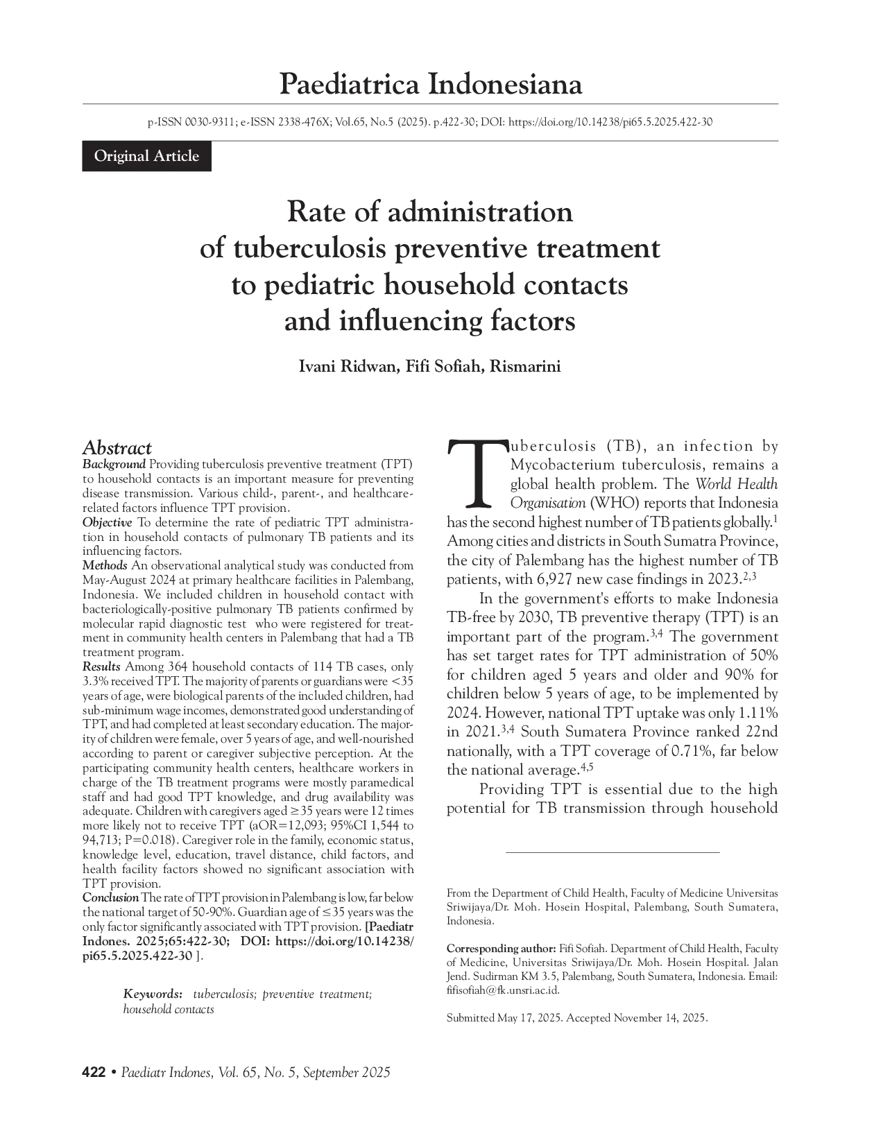 JURIS Rate of administration of tuberculosis preventive treatment to pediatric household contacts and influencing factors