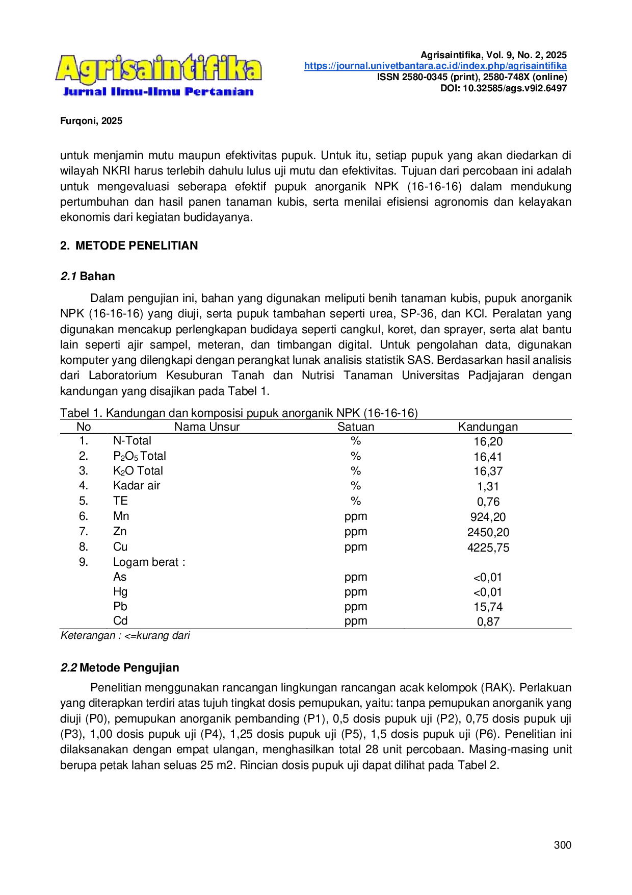 JURIS Efektivitas Pupuk Anorganik NPK 16 16 16 Pada Tanaman Kubis