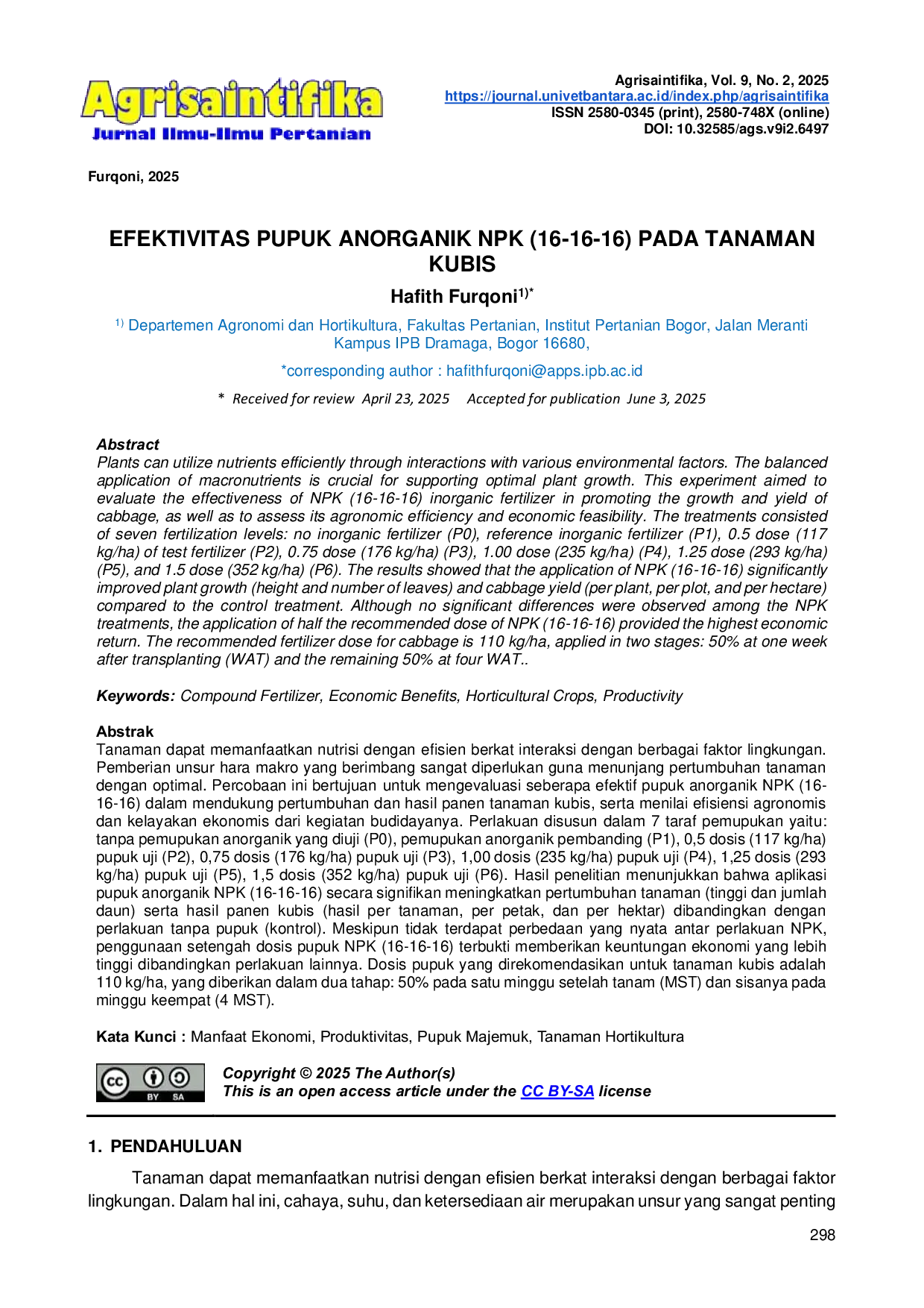 JURIS Efektivitas Pupuk Anorganik NPK 16 16 16 Pada Tanaman Kubis