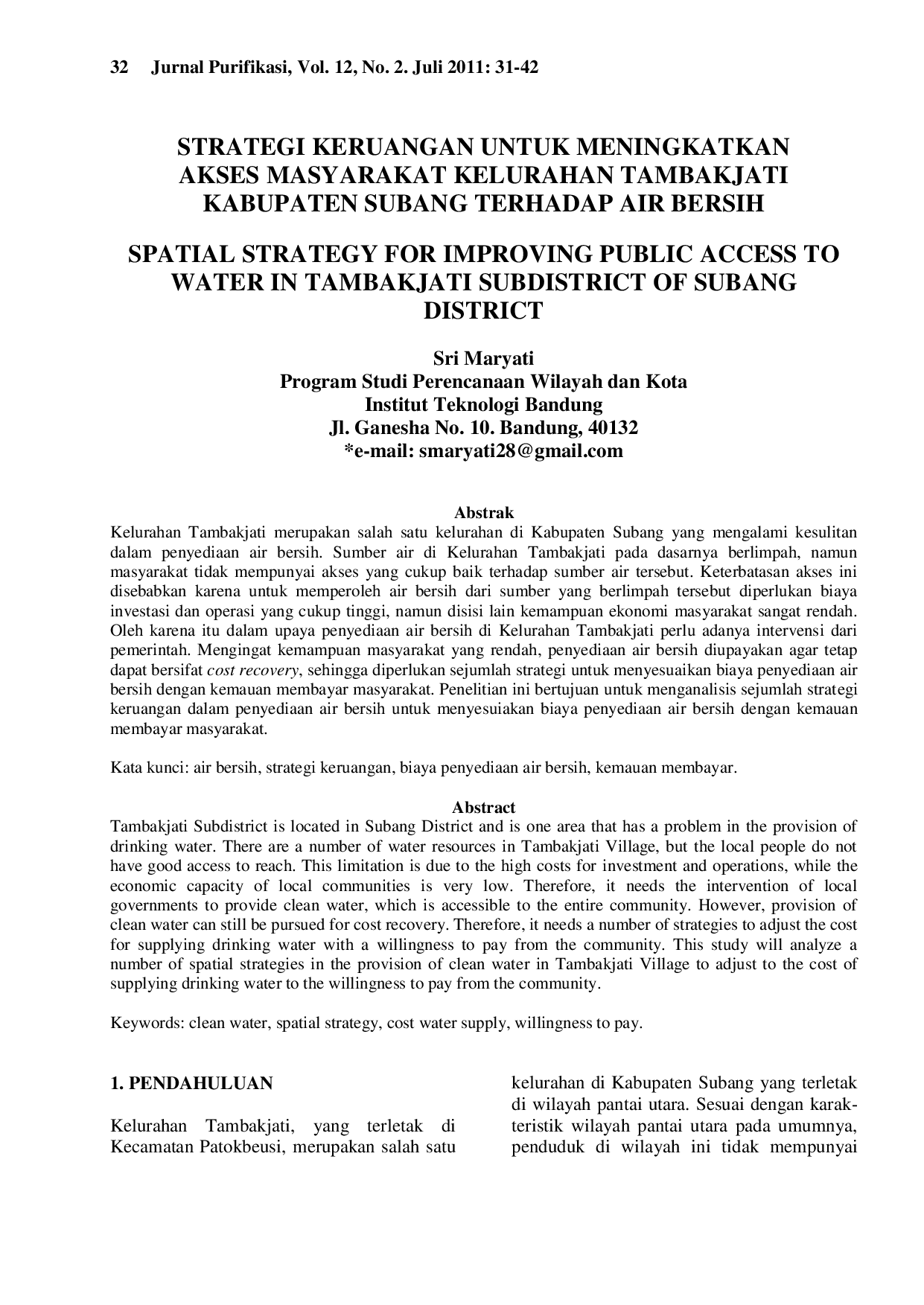JURIS Strategi Keruangan Untuk Meningkatkan Akses Masyarakat Kelurahan Tambakjati Kabupaten Subang Terhadap Air Bersih