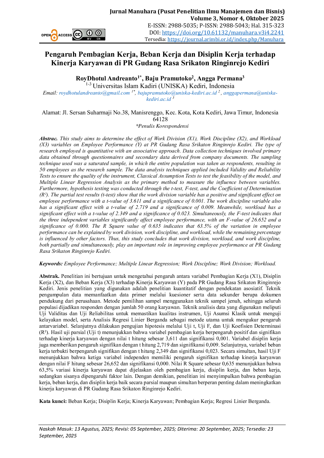 JURIS Pengaruh Pembagian Kerja Beban Kerja dan Disiplin Kerja terhadap Kinerja Karyawan di PR Gudang Rasa Srikaton Ringinrejo Kediri