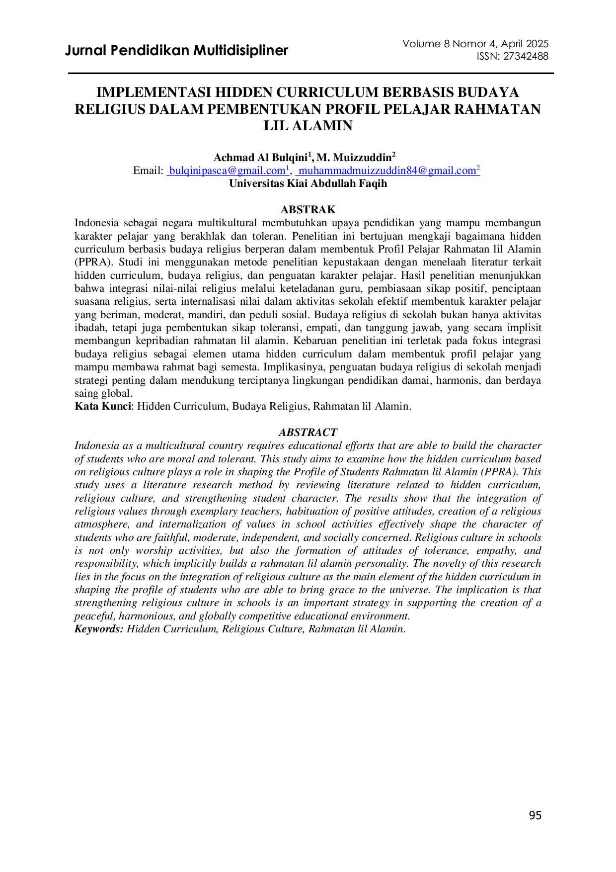 JURIS Implementasi Hidden Curriculum Berbasis Budaya Religius Dalam Pembentukan Profil Pelajar Rahmatan Lil Alamin