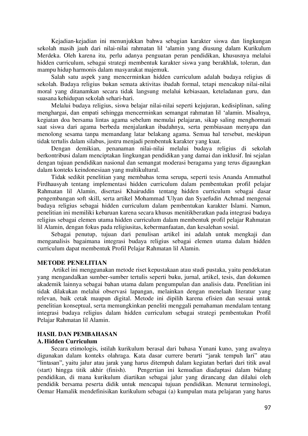 JURIS Implementasi Hidden Curriculum Berbasis Budaya Religius Dalam Pembentukan Profil Pelajar Rahmatan Lil Alamin