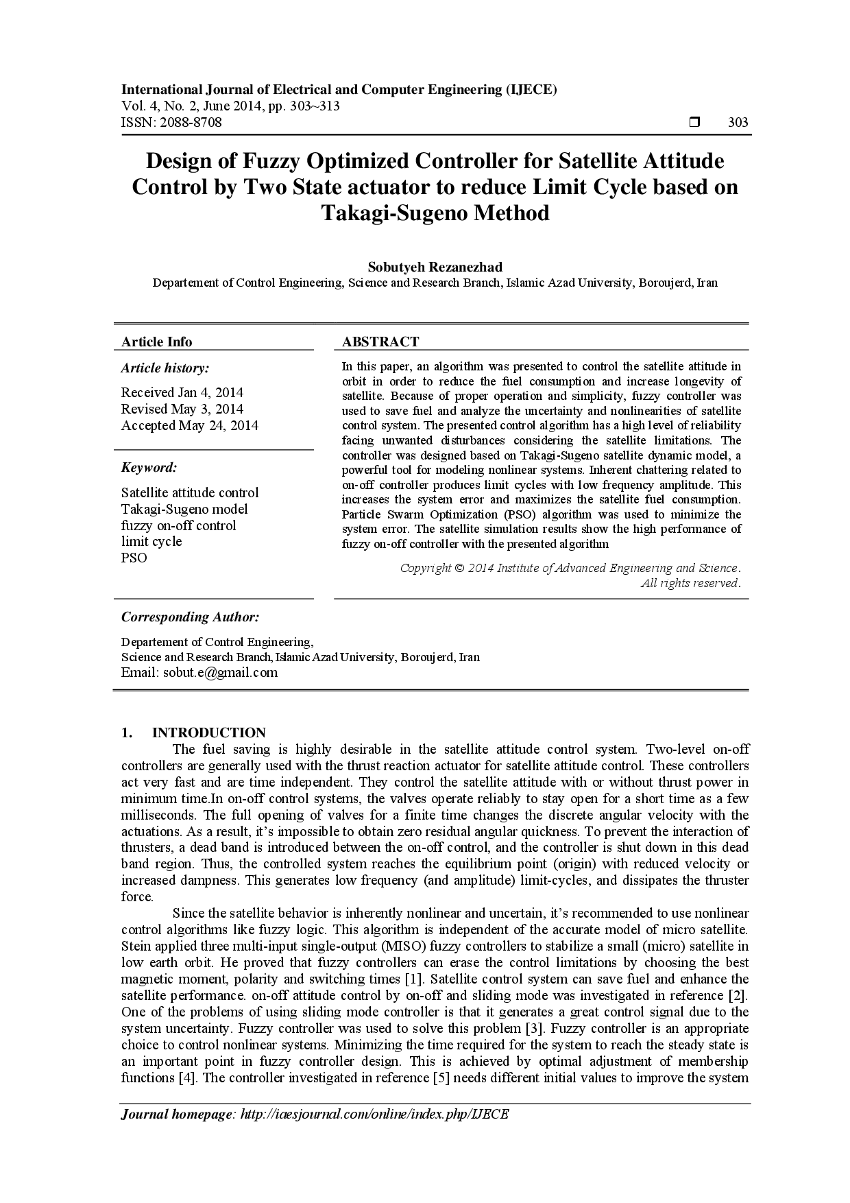 juris Design of Fuzzy Optimized Controller for Satellite Attitude Control by Two State actuator to reduce Limit Cycle based on Takagi Sugeno Method