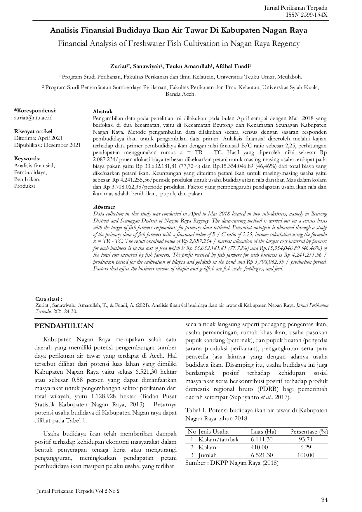 JURIS Analisis Finansial Budidaya Ikan Air Tawar Di Kabupaten Nagan Raya