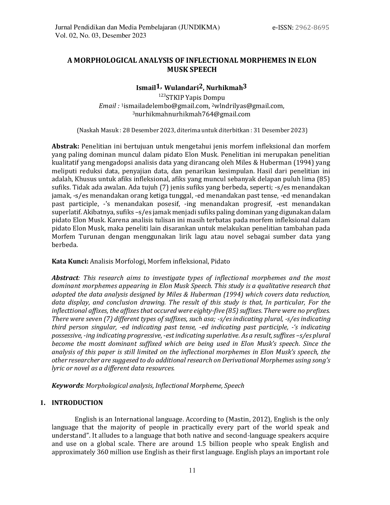 JURIS A Morphological Analysis of Inflectional Morphemes in Elon Musk Speech