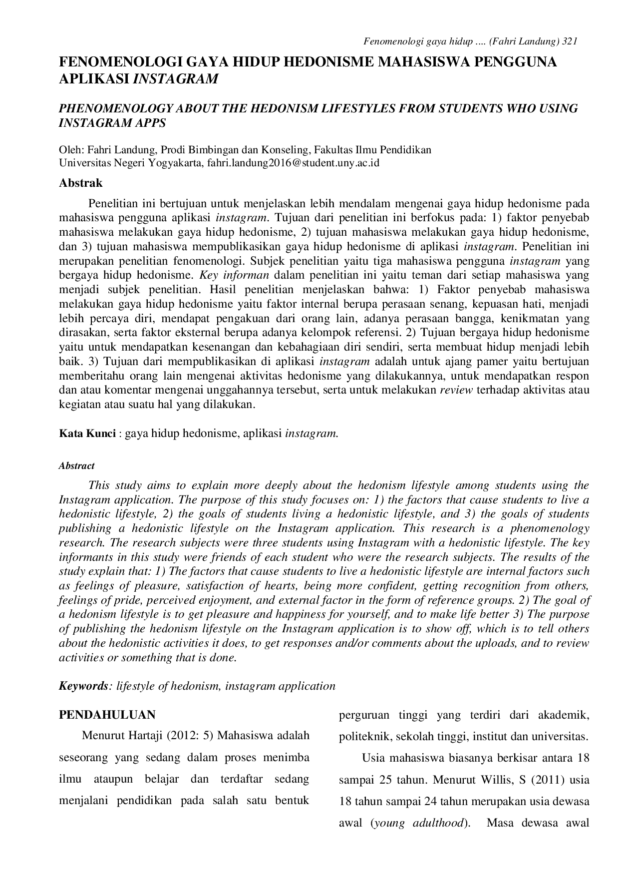 JURIS Fenomenologi Gaya Hidup Hedonisme Mahasiswa Pengguna Aplikasi Instagram
