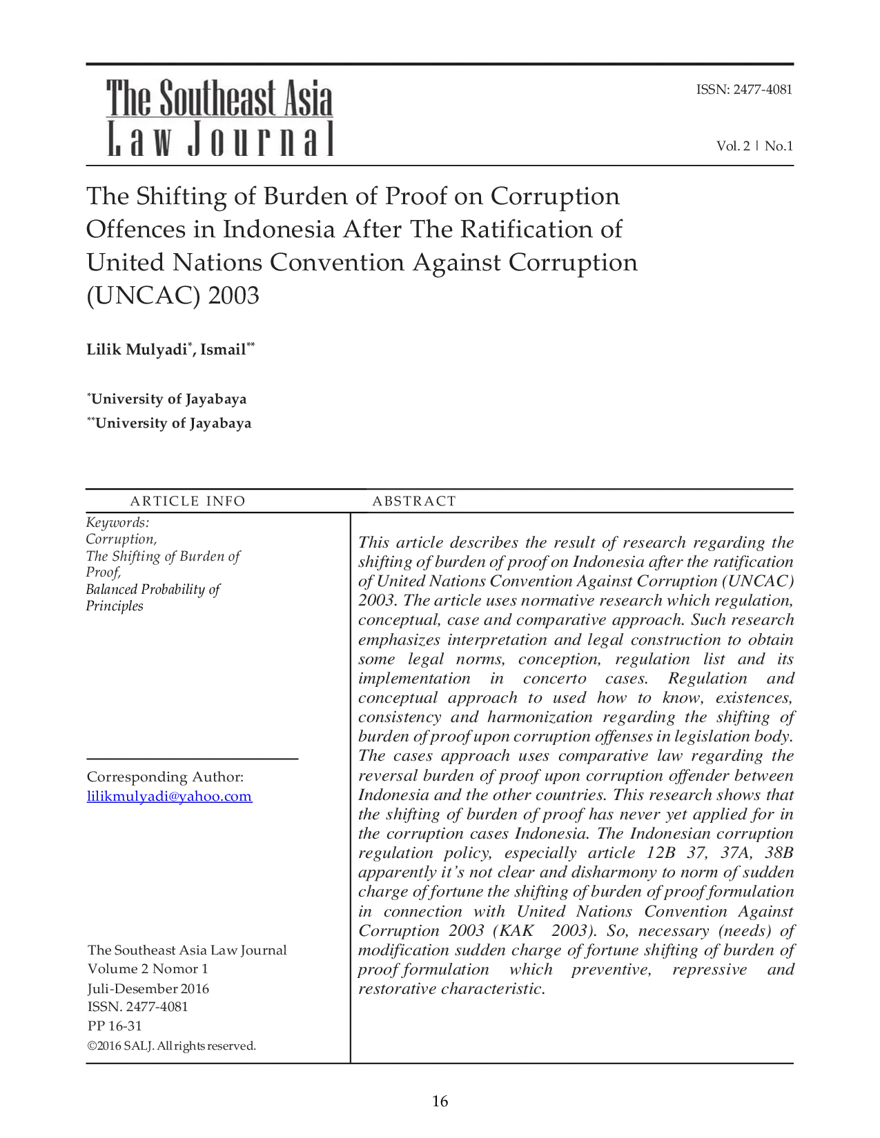 JURIS The Shifting of Burden of Proof on Corruption Offences in Indonesia After The Ratification of United Nations Convention Against Corruption UNCAC 2003