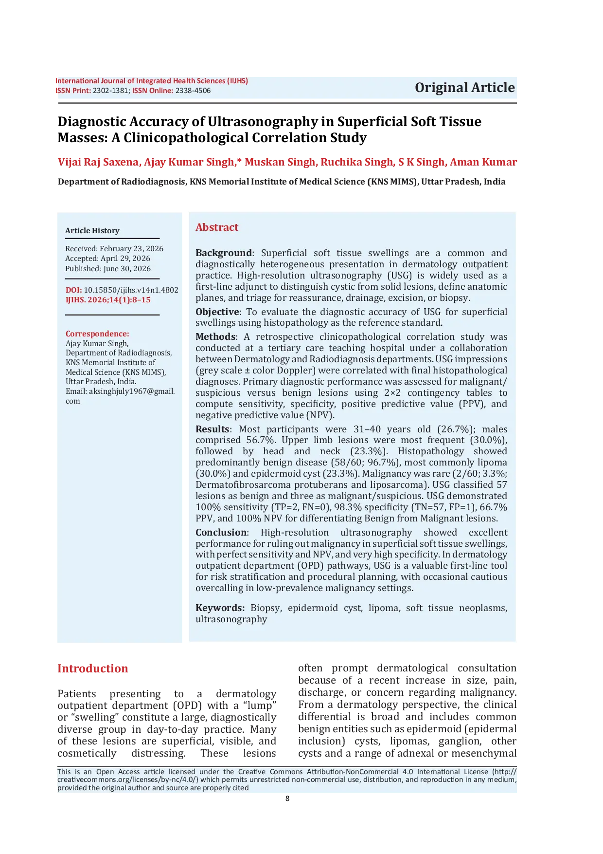 JURIS Diagnostic Accuracy of Ultrasonography in Superficial Soft Tissue Masses A Clinicopathological Correlation Study