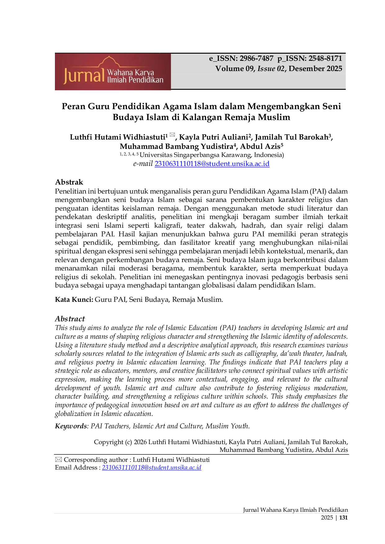 JURIS Peran Guru Pai dalam Mengembangkan Seni Budaya Islam di Kalangan Remaja Muslim