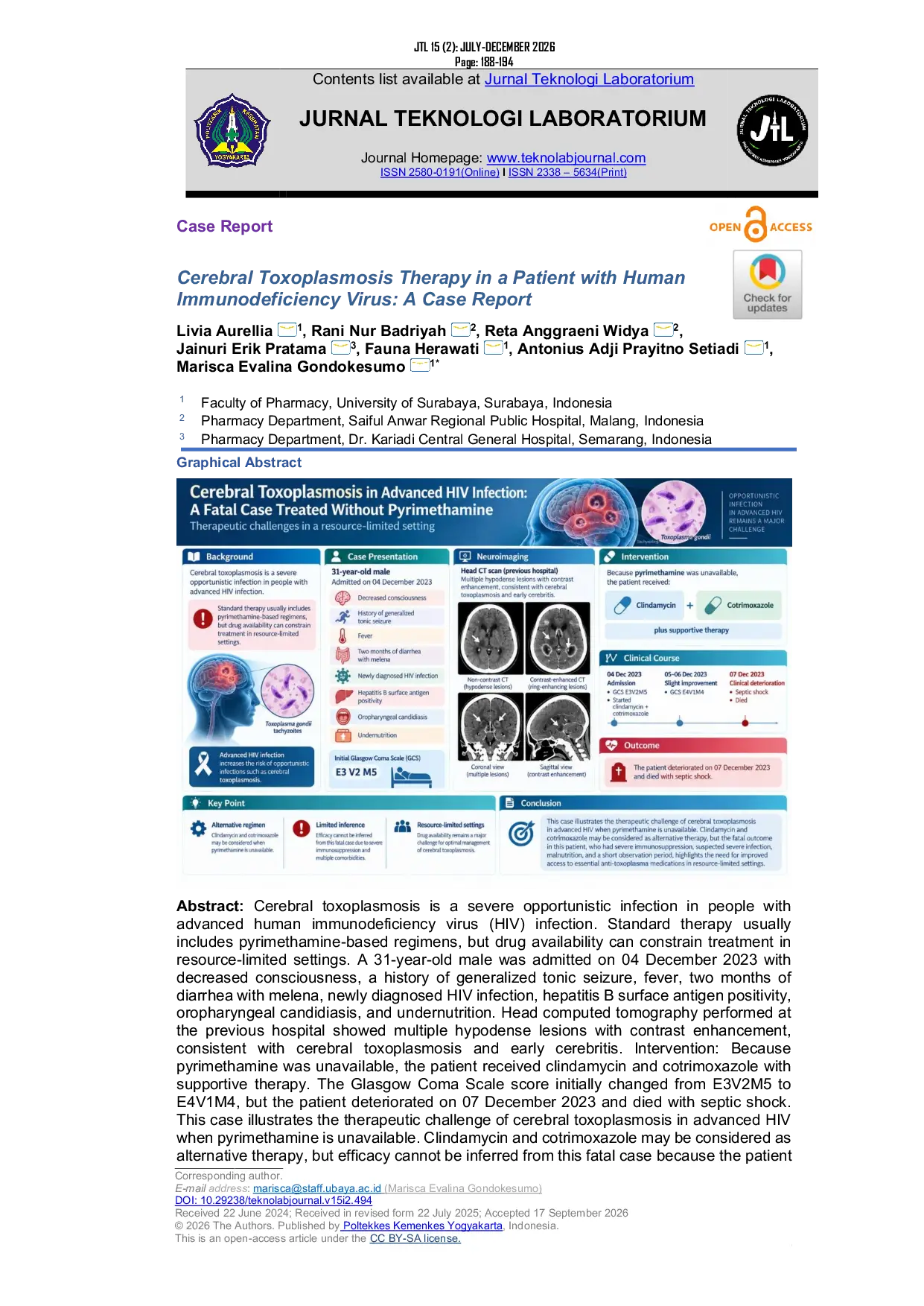 JURIS A case report Cerebral Toxoplasmosis Therapy in A Patient with Human Immunodeficiency Virus