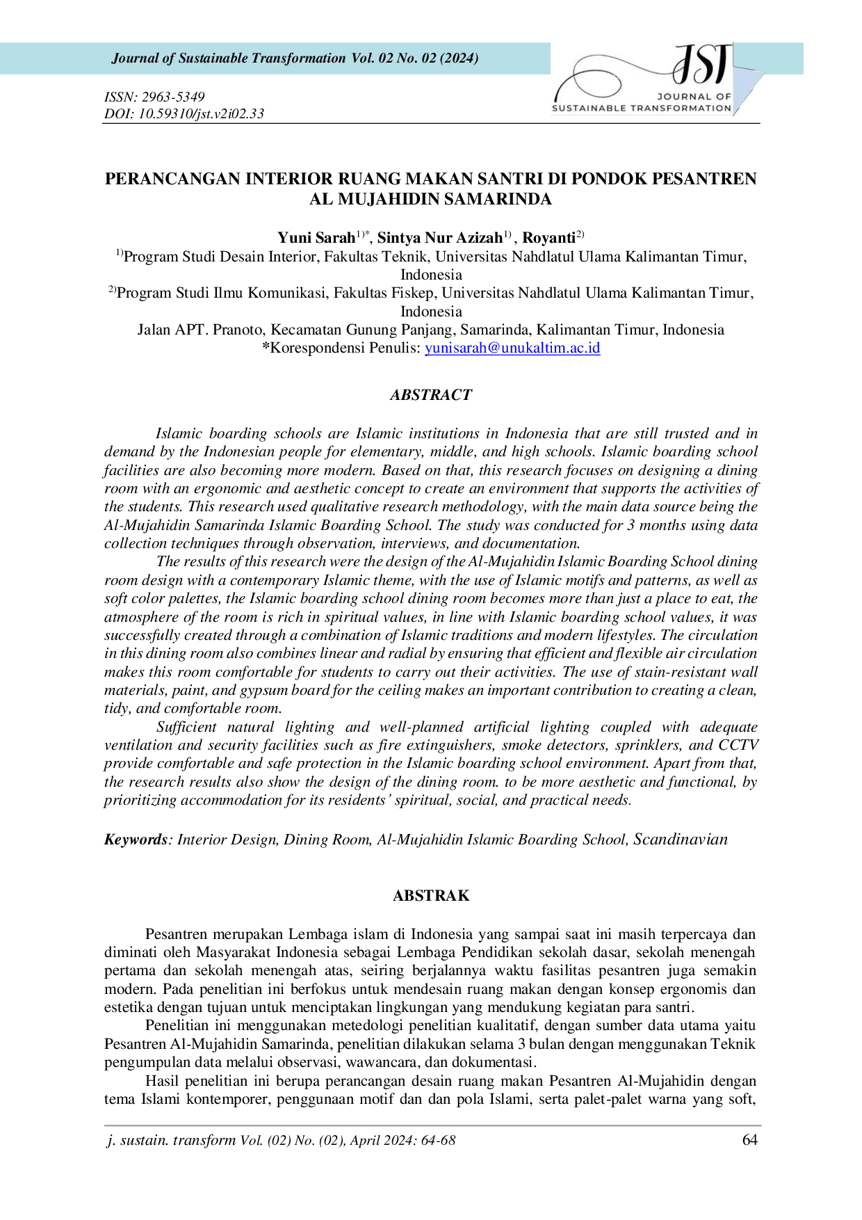 JURIS Perancangan Interior Ruang Makan Santri di Pondok Pesantren Al Mujahidin Samarinda