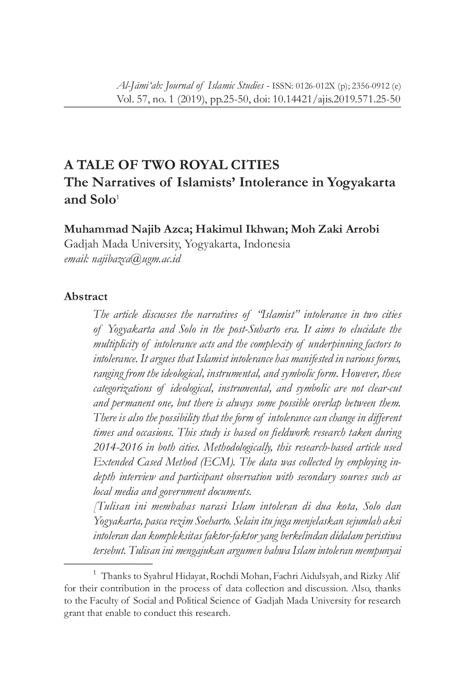 JURIS A Tale of Two Royal Cities The Narratives of Islamists Intolerance in Yogyakarta and Solo