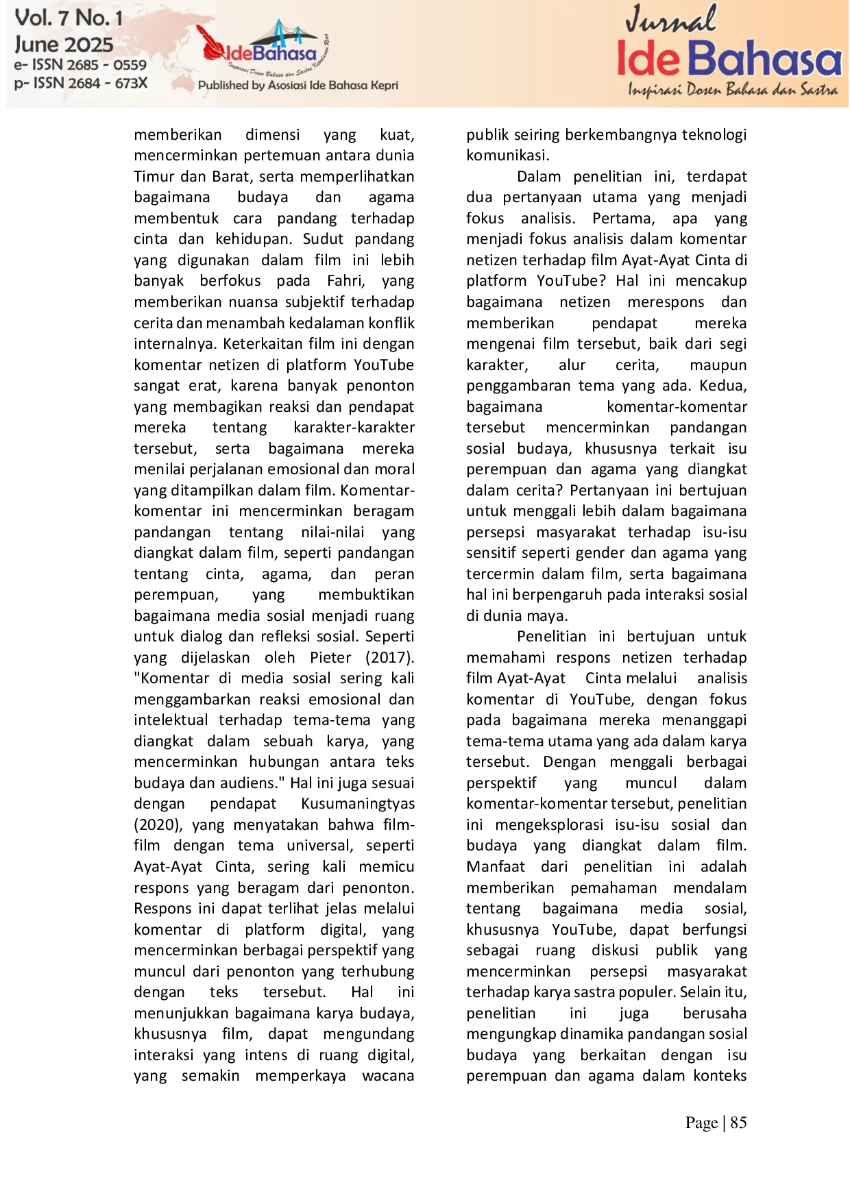 JURIS Representasi Perempuan dan Isu Sosial dalam Film Ayat Ayat Cinta Analisis Perspektif Warganet