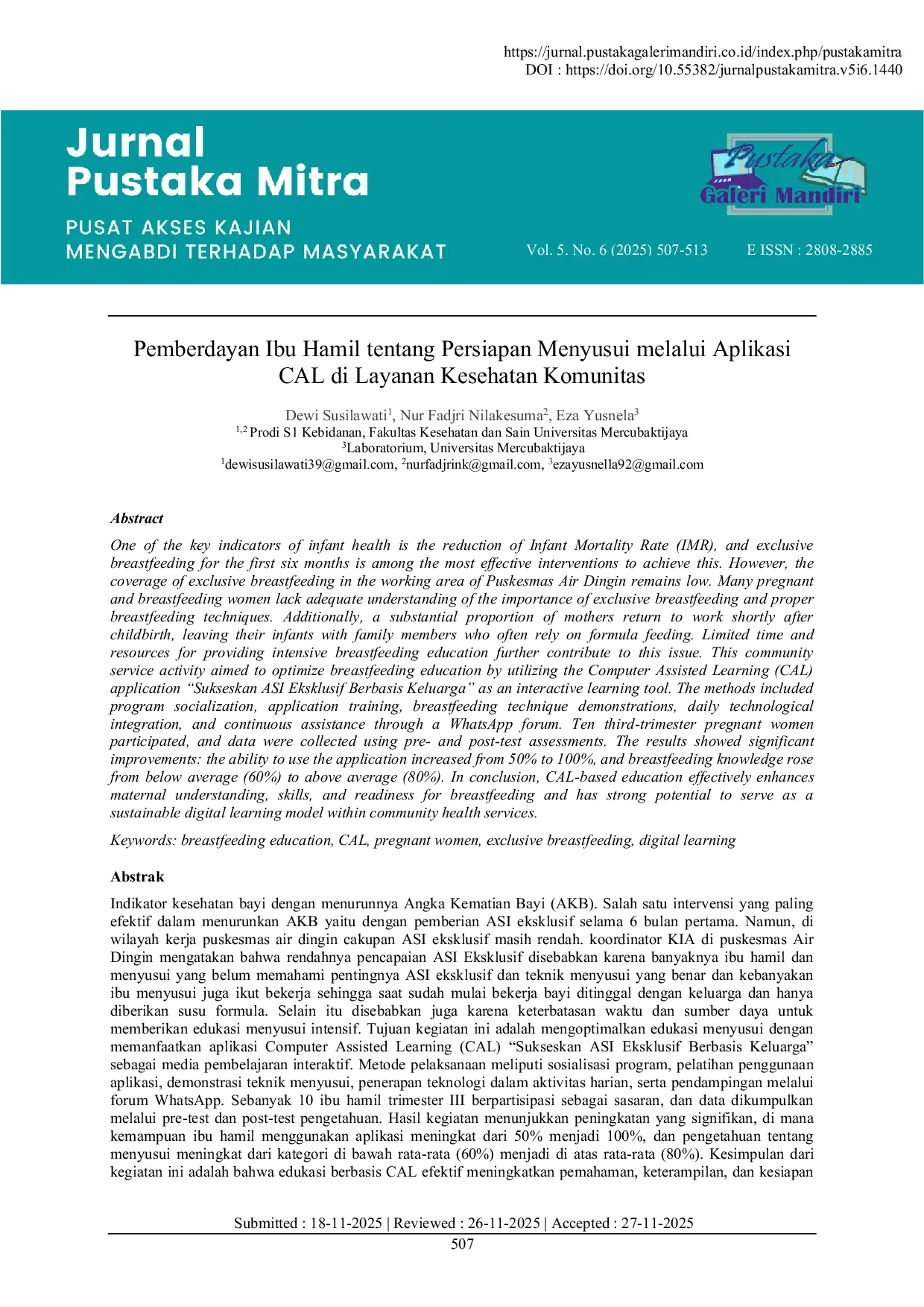 JURIS Pemberdayan Ibu Hamil tentang Persiapan Menyusui melalui Aplikasi CAL di Layanan Kesehatan Komunitas