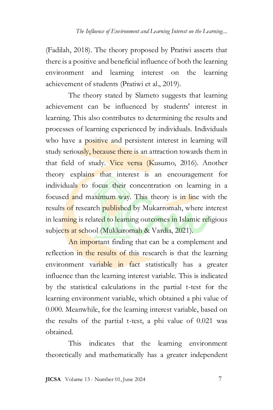 JURIS The Influence of Environment and Learning Interest on the Learning Achievement of Quran Hadith Students at Muhammadiyah Bantaeng Islamic High School