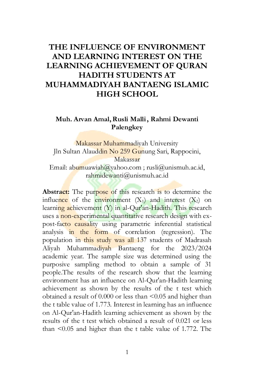 JURIS The Influence of Environment and Learning Interest on the Learning Achievement of Quran Hadith Students at Muhammadiyah Bantaeng Islamic High School