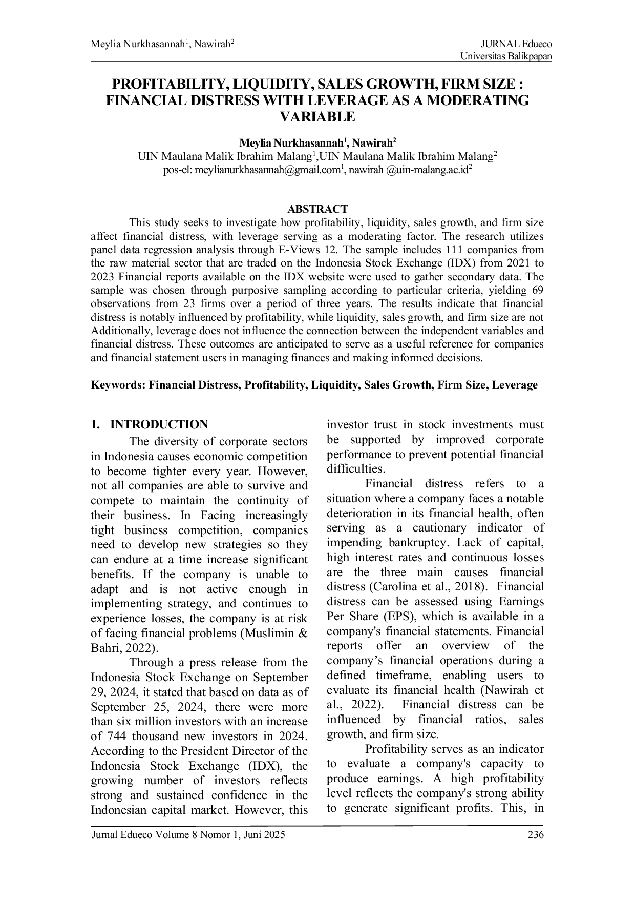 JURIS Profitability Liquidity Sales Growth Firm Size Financial Distress with Leverage as a Moderating Variable