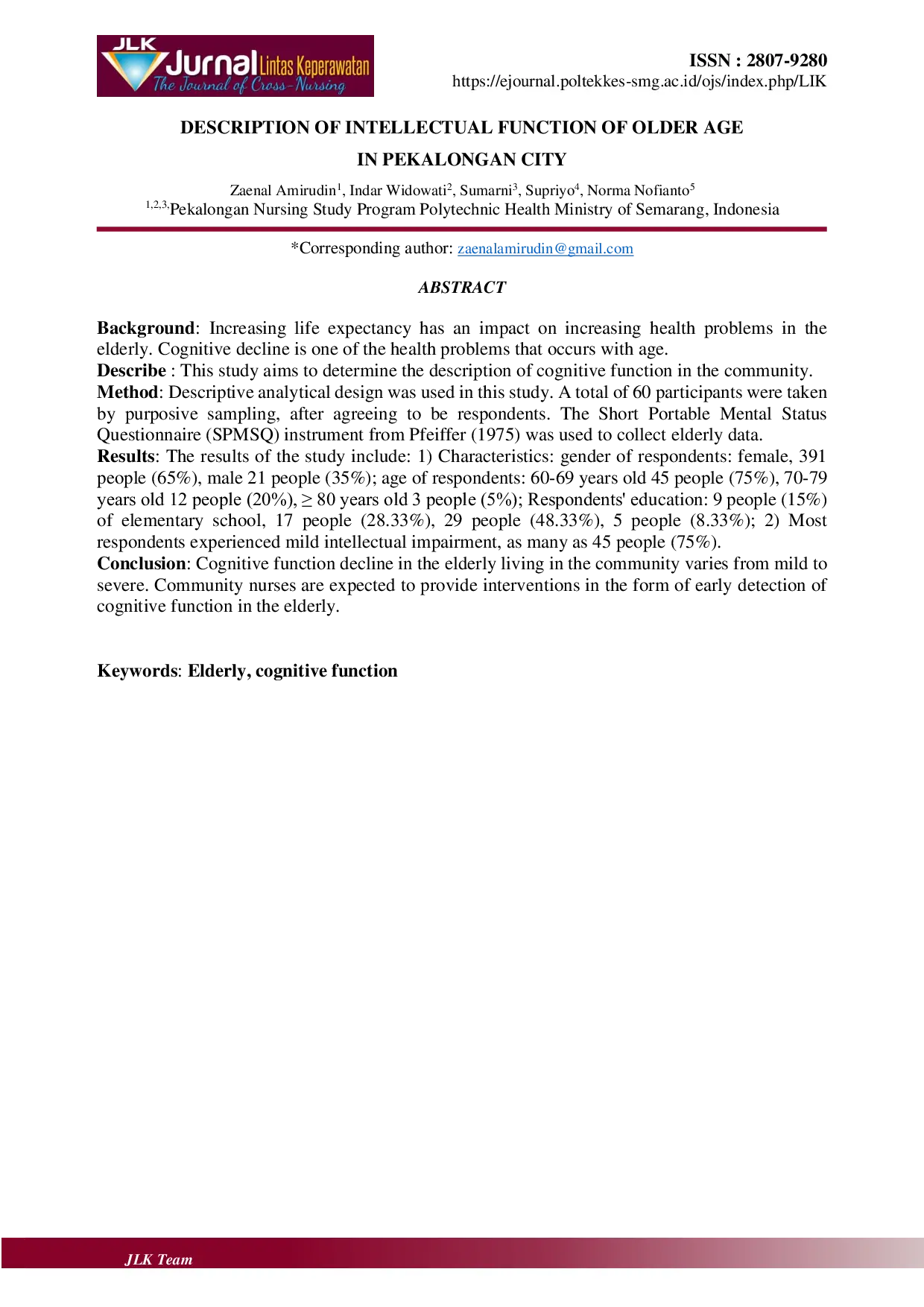 JURIS Gambaran Fungsi Intelektual Lanjut Usia Di Kota Pekalongan