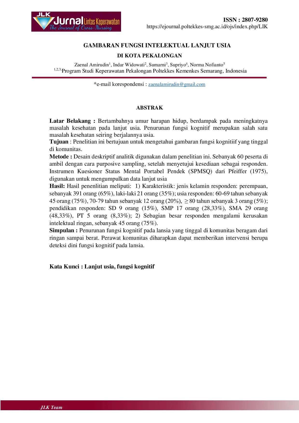 JURIS Gambaran Fungsi Intelektual Lanjut Usia Di Kota Pekalongan
