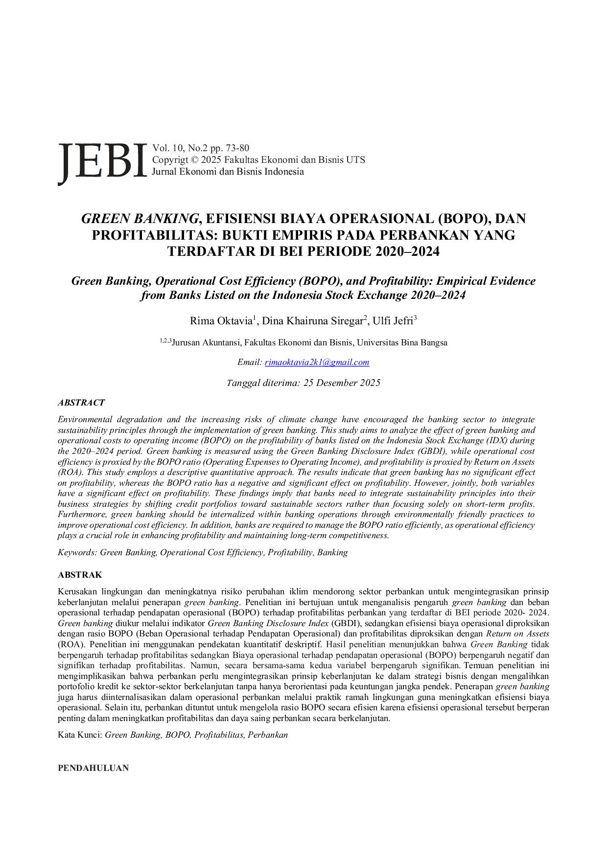 JURIS Green Banking Efisiensi Biaya Operasional BOPO dan Profitabilitas Bukti Empiris pada Perbankan yang Terdaftar di BEI Periode 2020 2024